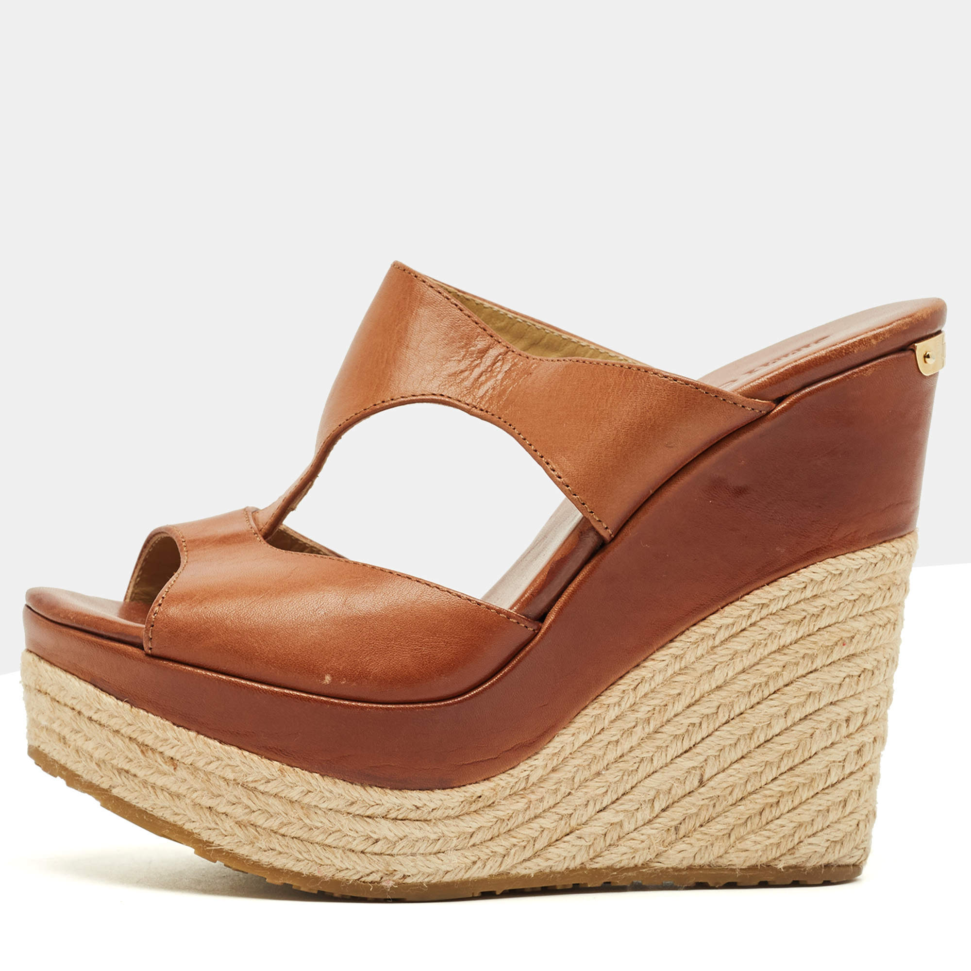 Pre Owned Jimmy Choo Brown Leather Platform Wedge Espadrille Sandals Size 36.5