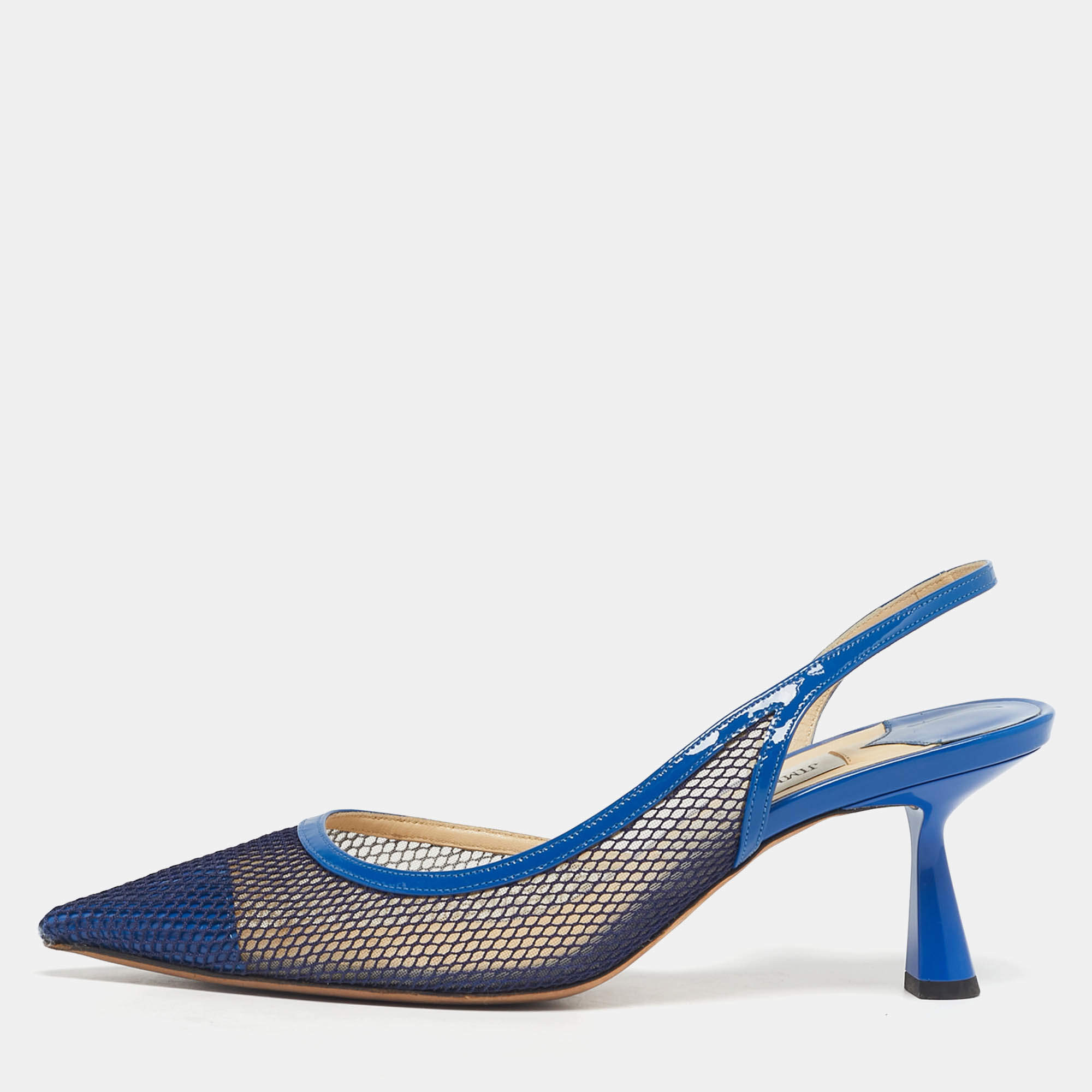 Pre Owned Jimmy Choo Blue Patent Leather And Mesh Fetto Slingback Pumps Size 40