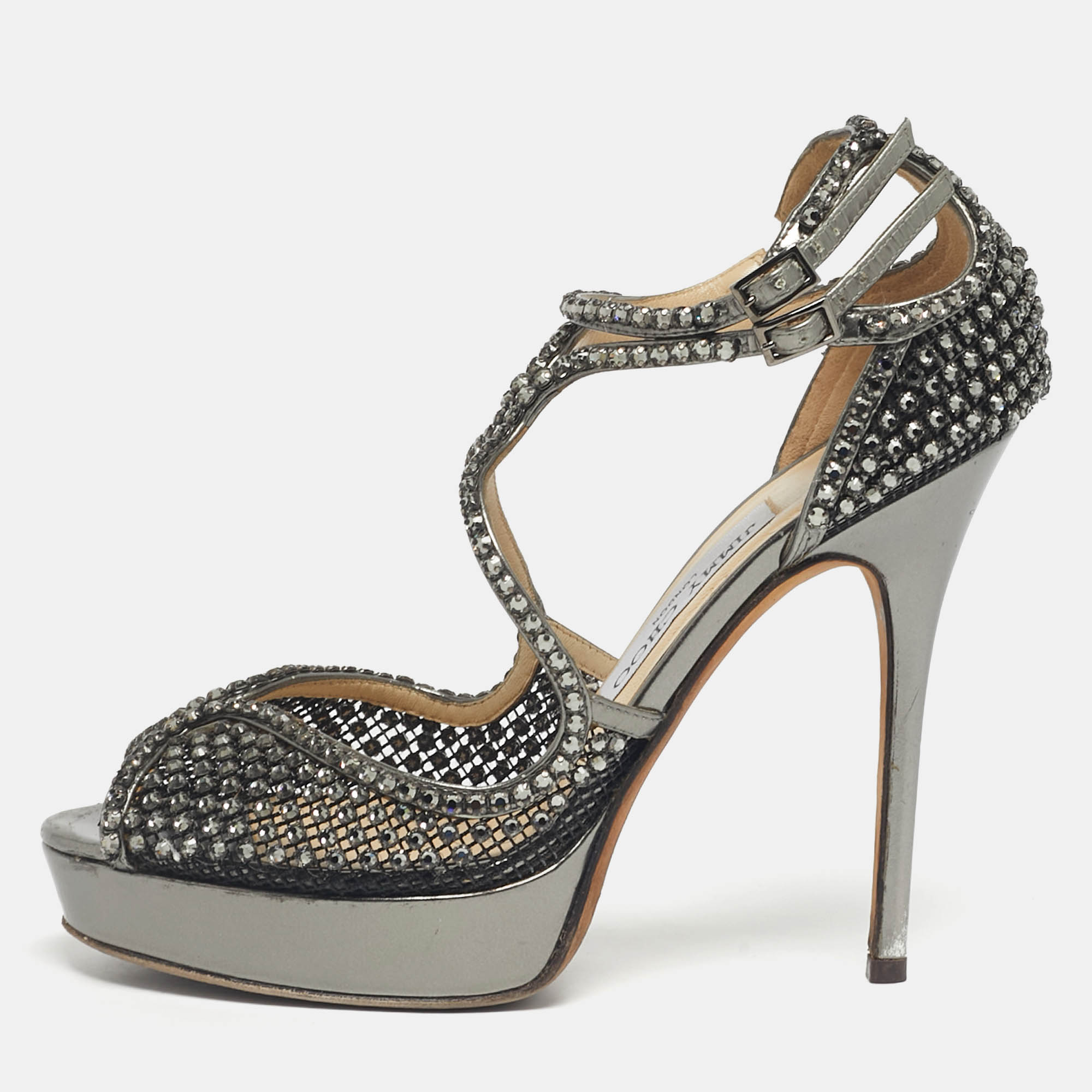Pre Owned Jimmy Choo Metallic Silver Mesh And Leather Crystal Embellished Ankle Strap Sandals Size 38