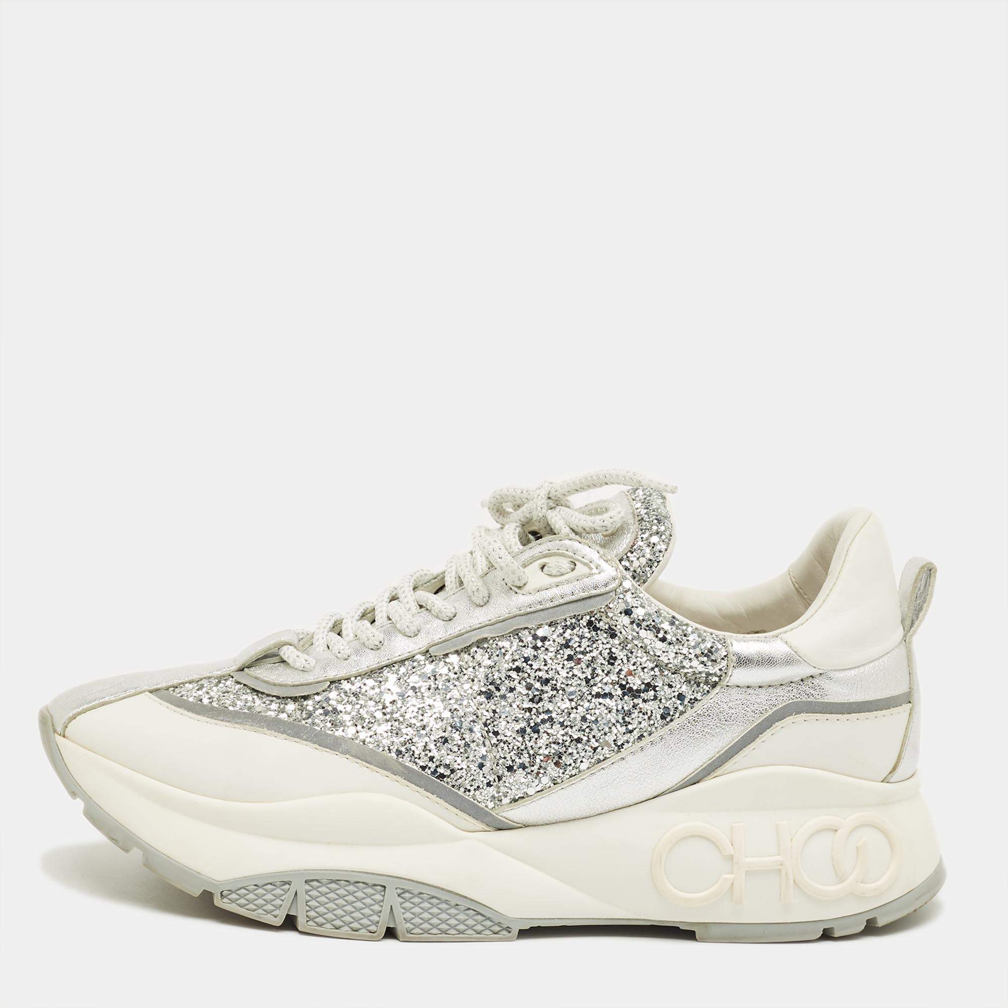 Pre Owned Jimmy Choo Silver Glitter and Leather Raine Lace Up Sneakers Size 41