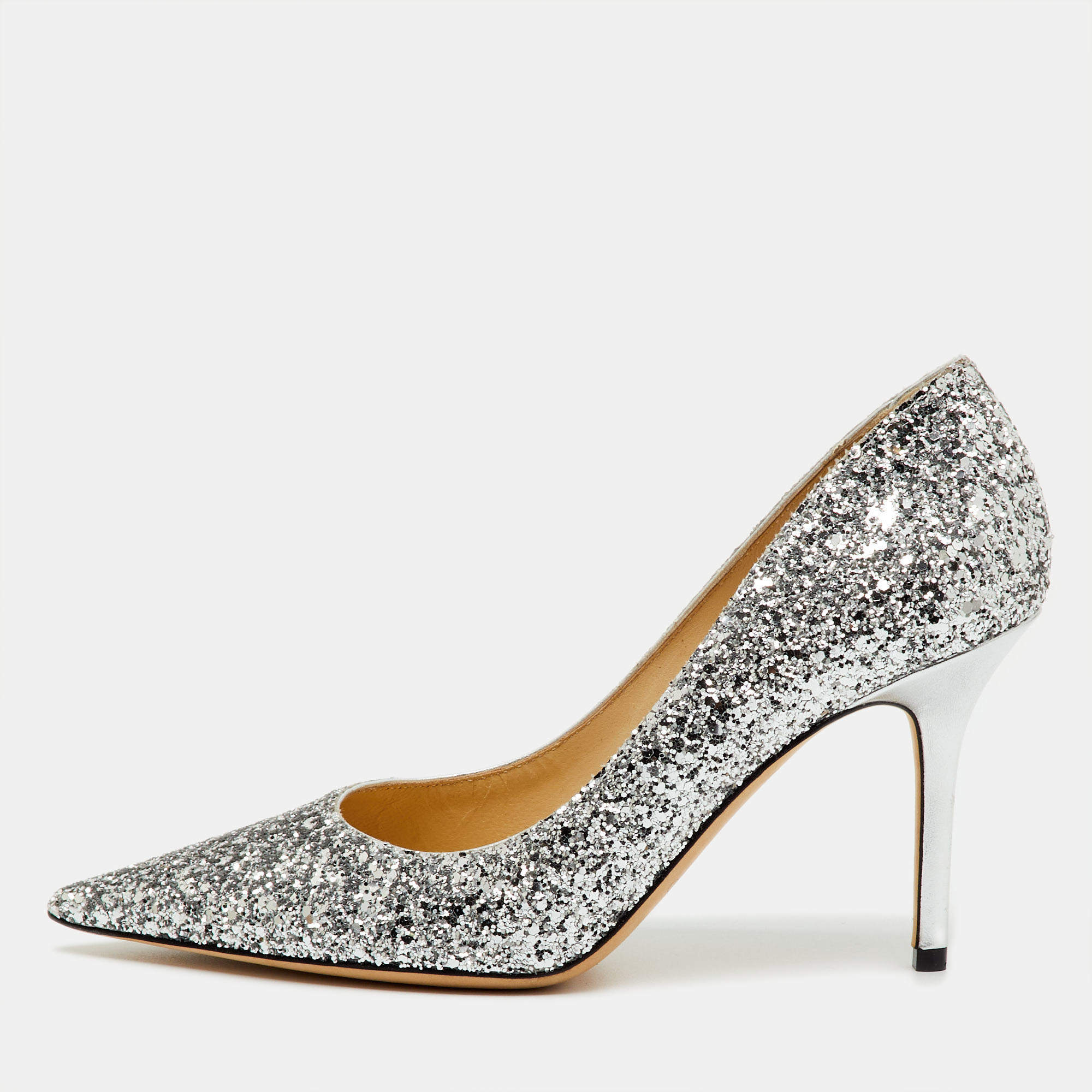 Pre Owned Jimmy Choo Silver Coarse Glitter Romy Pointed Toe Pumps Size 39