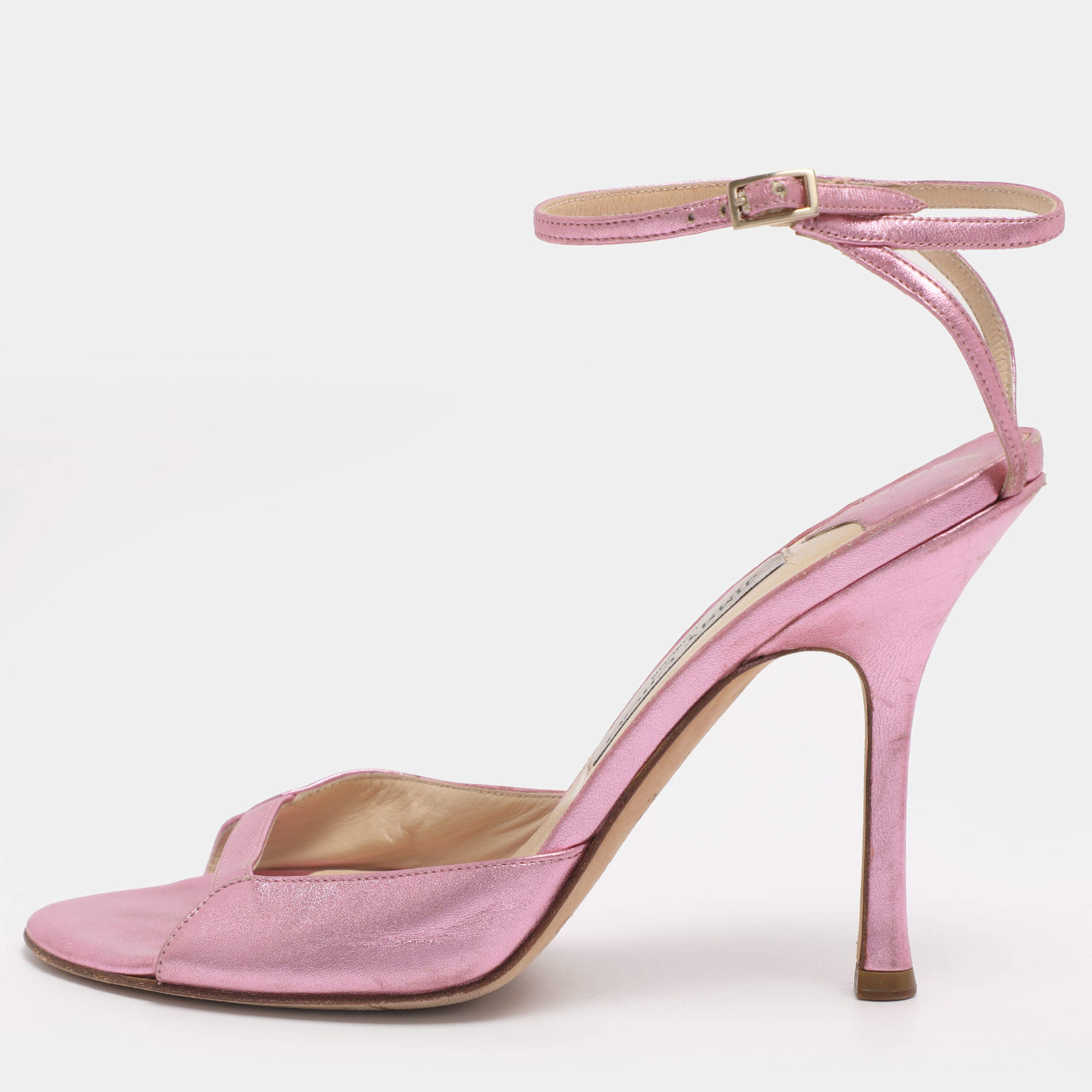 Pre Owned Jimmy Choo Metallic Pink Leather Ankle Strap Sandals Size 38.5