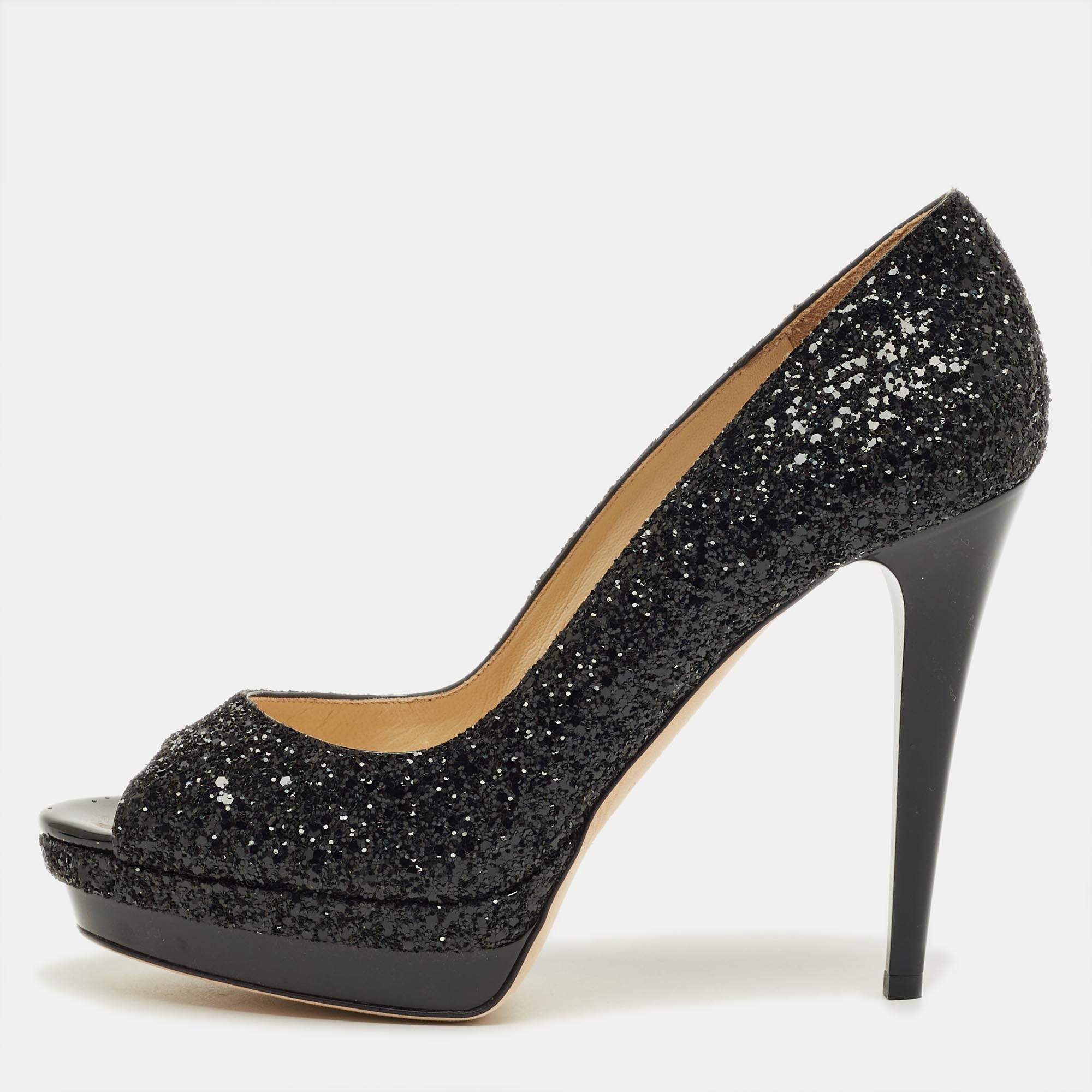 Pre Owned Jimmy Choo Black Glitter Luna Platform Open Toe Pumps Size 40