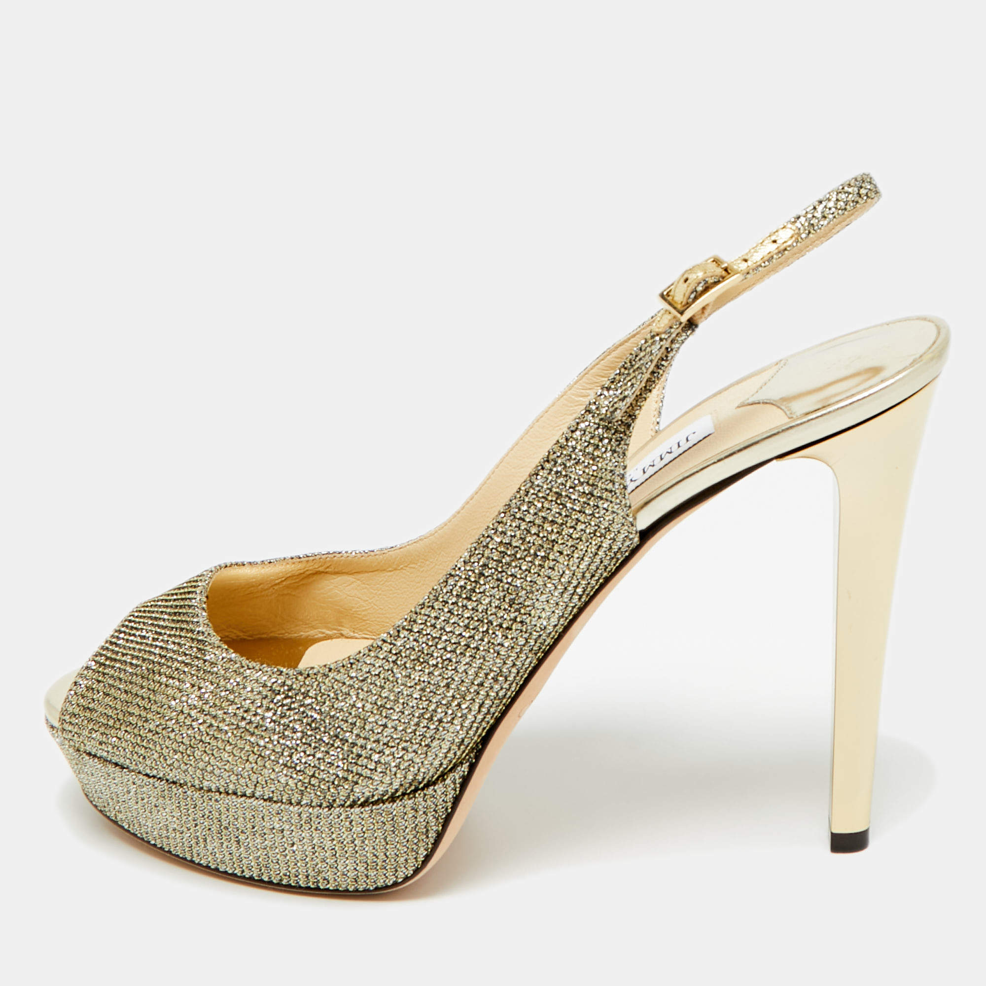Pre Owned Jimmy Choo Gold Glitter Accents Peep Toe Slingback Pumps Size 40
