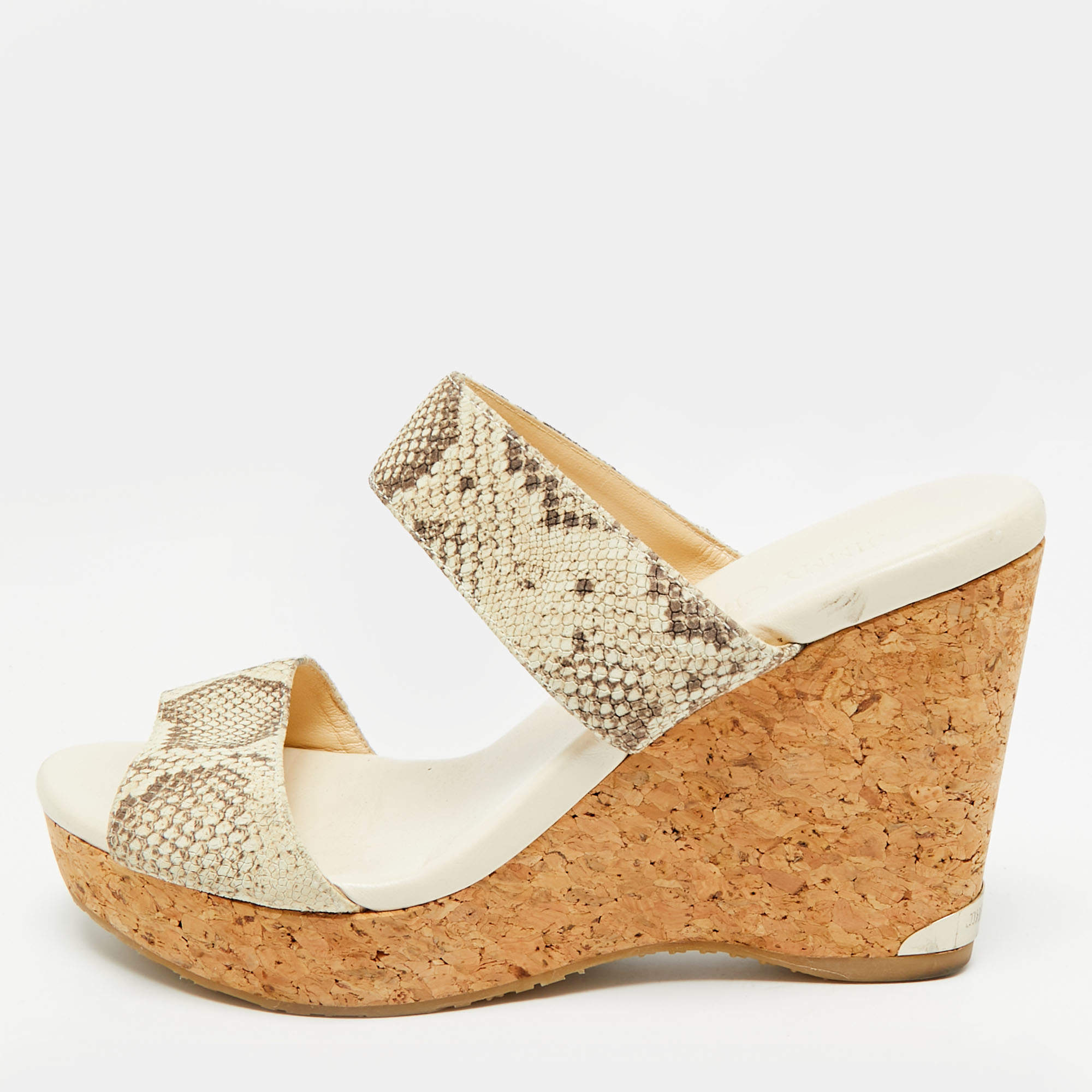 Pre Owned Jimmy Choo Off White/Grey Snakeskin Embossed Leather Cork Platform Wedge Sandals Size 39