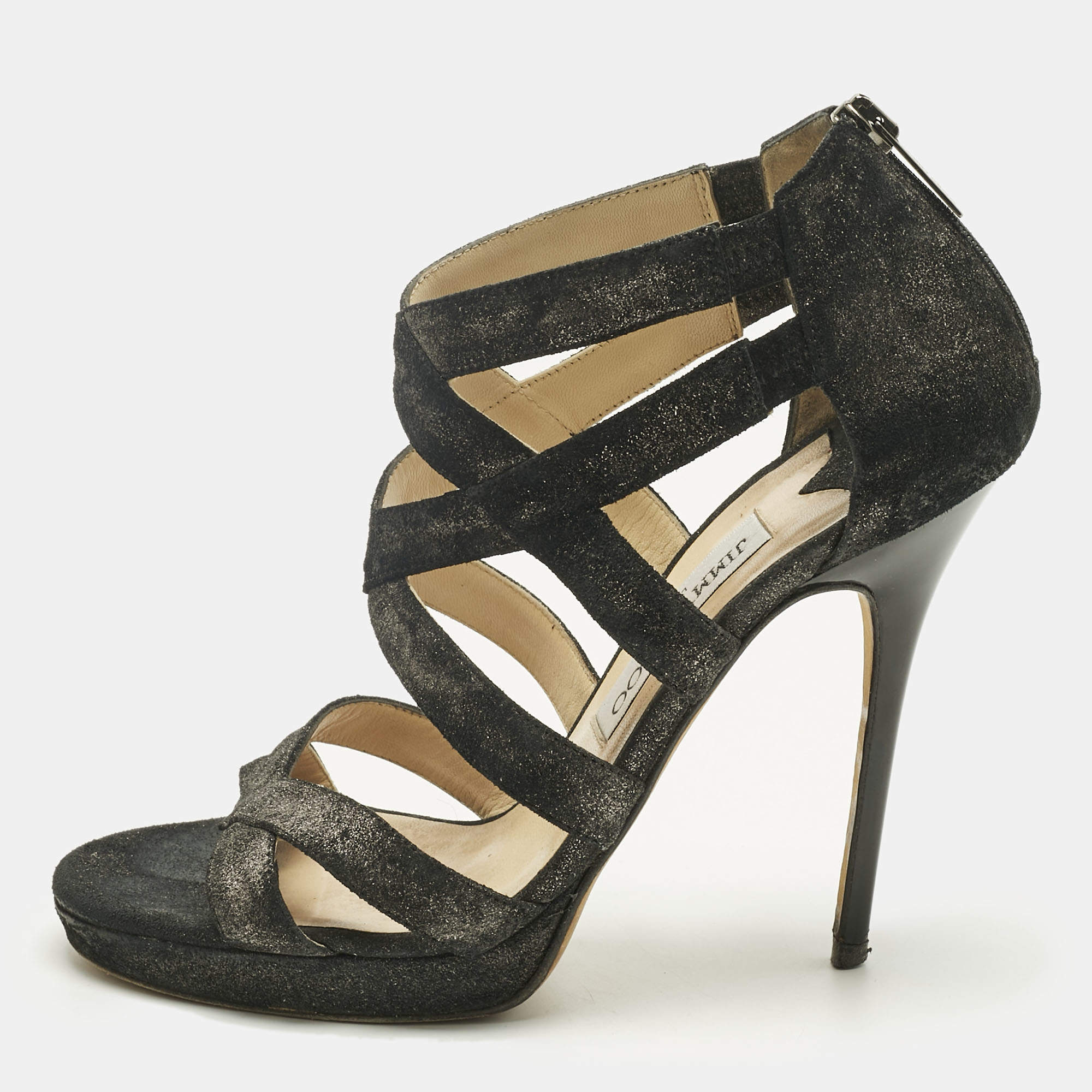 Pre Owned Jimmy Choo Black Suede Strappy Sandals Size 37.5