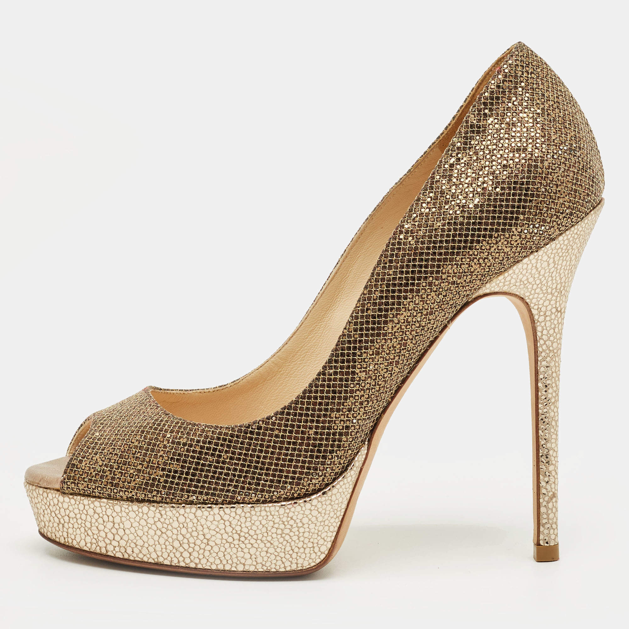 Pre Owned Jimmy Choo Gold Leather and Lurex Fabric Dahlia Platform Peep Toe Pumps Size 36.5