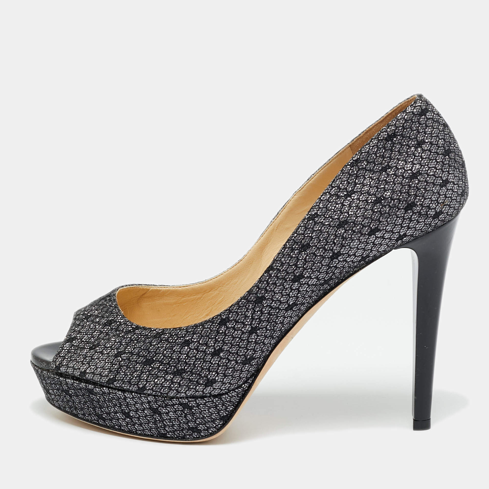 Pre Owned Jimmy Choo Dahlia Size 40 Metallic Glitter Peep Toe Pumps