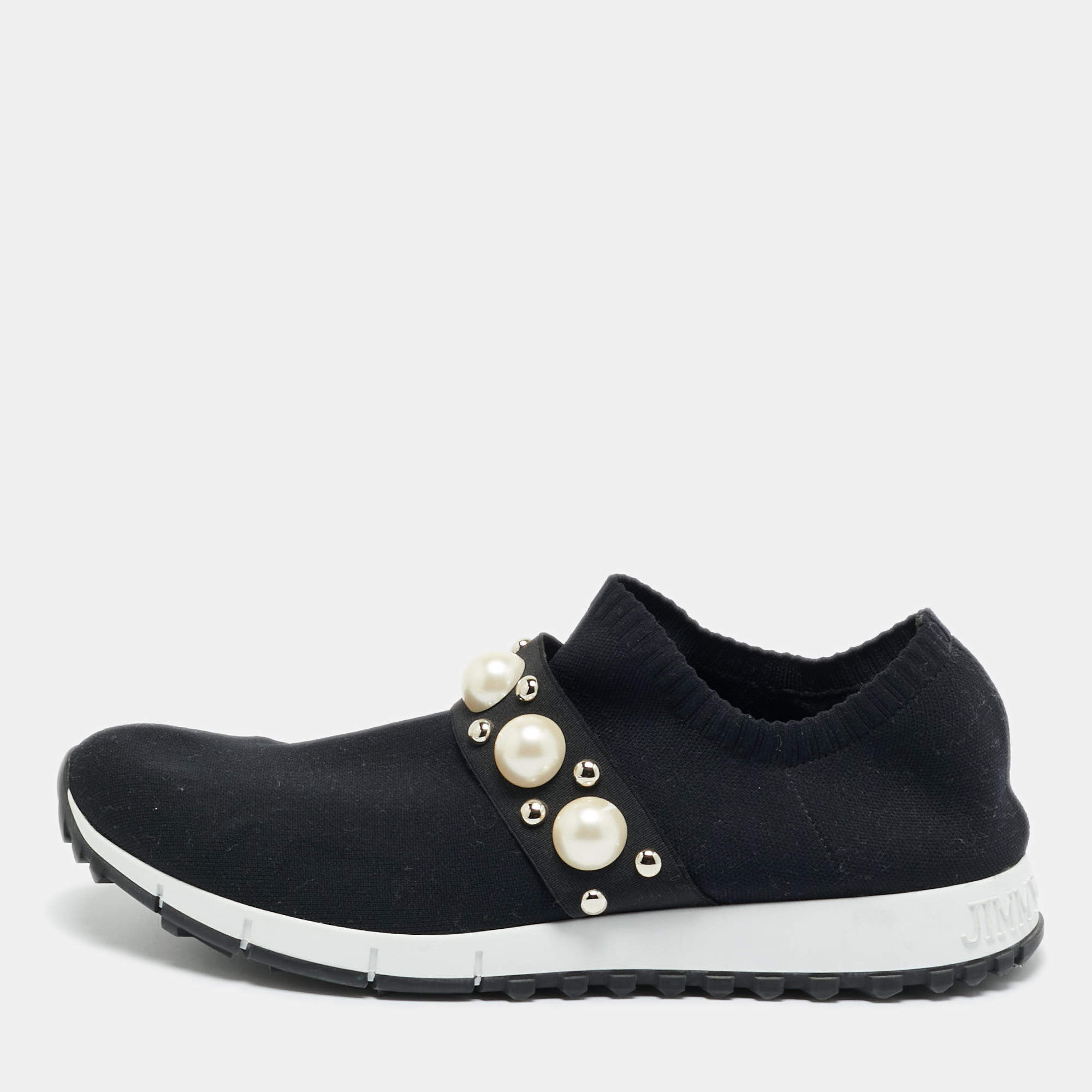 مملوكة مسبقًا Jimmy Choo Verona Size 41 Black Knit Fabric Faux Pearl Studded Slip On Sneakers