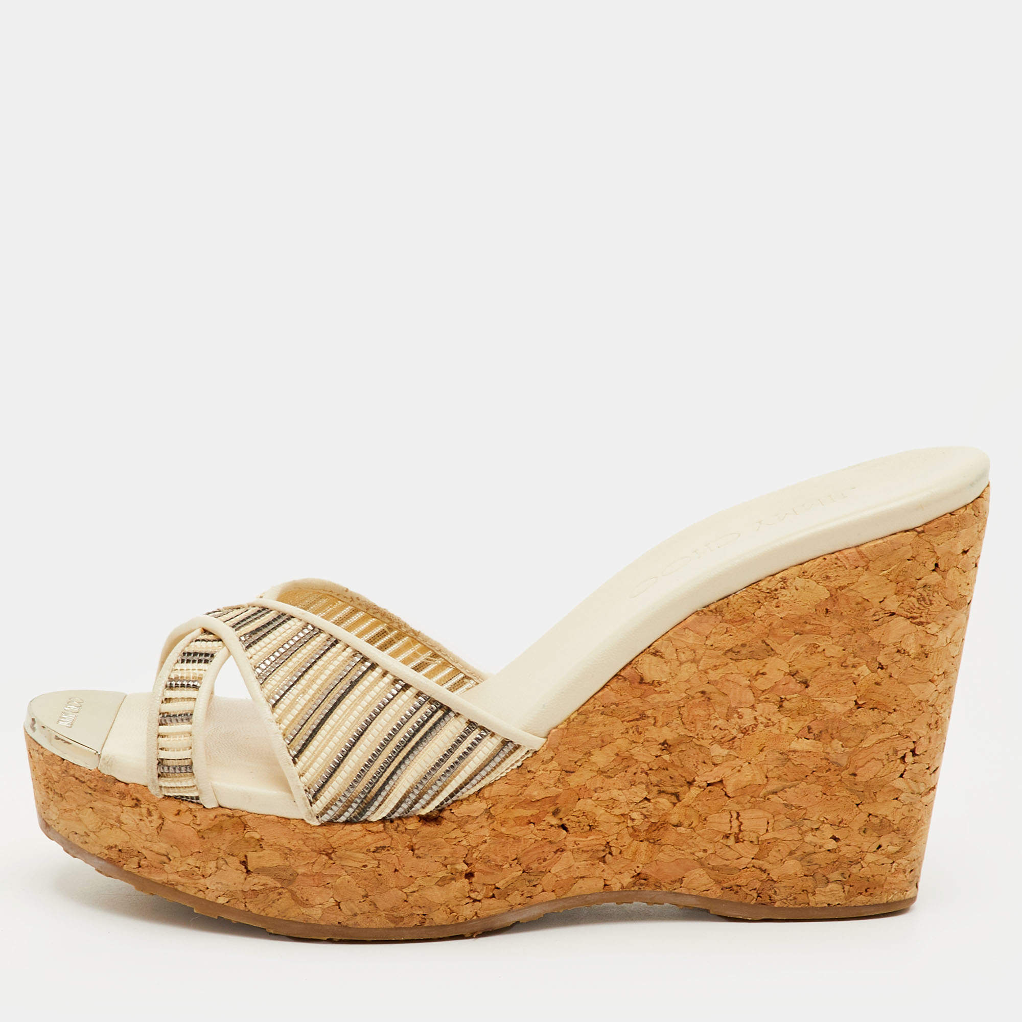 مملوكة مسبقًا Jimmy Choo Pandora Size 35.5 Off White Mesh and Leather Cork Wedge Sandals