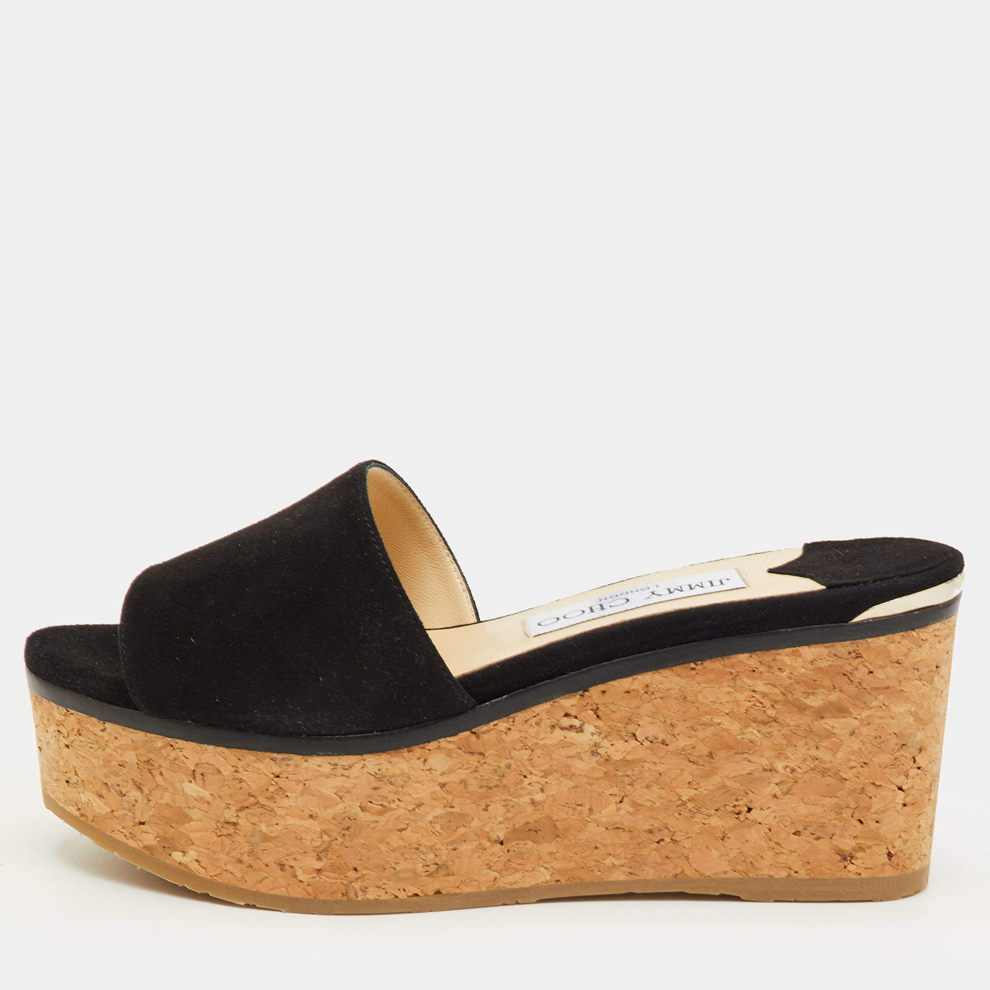 مملوكة مسبقًا Jimmy Choo DeeDee Size 35.5 Black Suede Cork Platform Wedge Slide Sandals