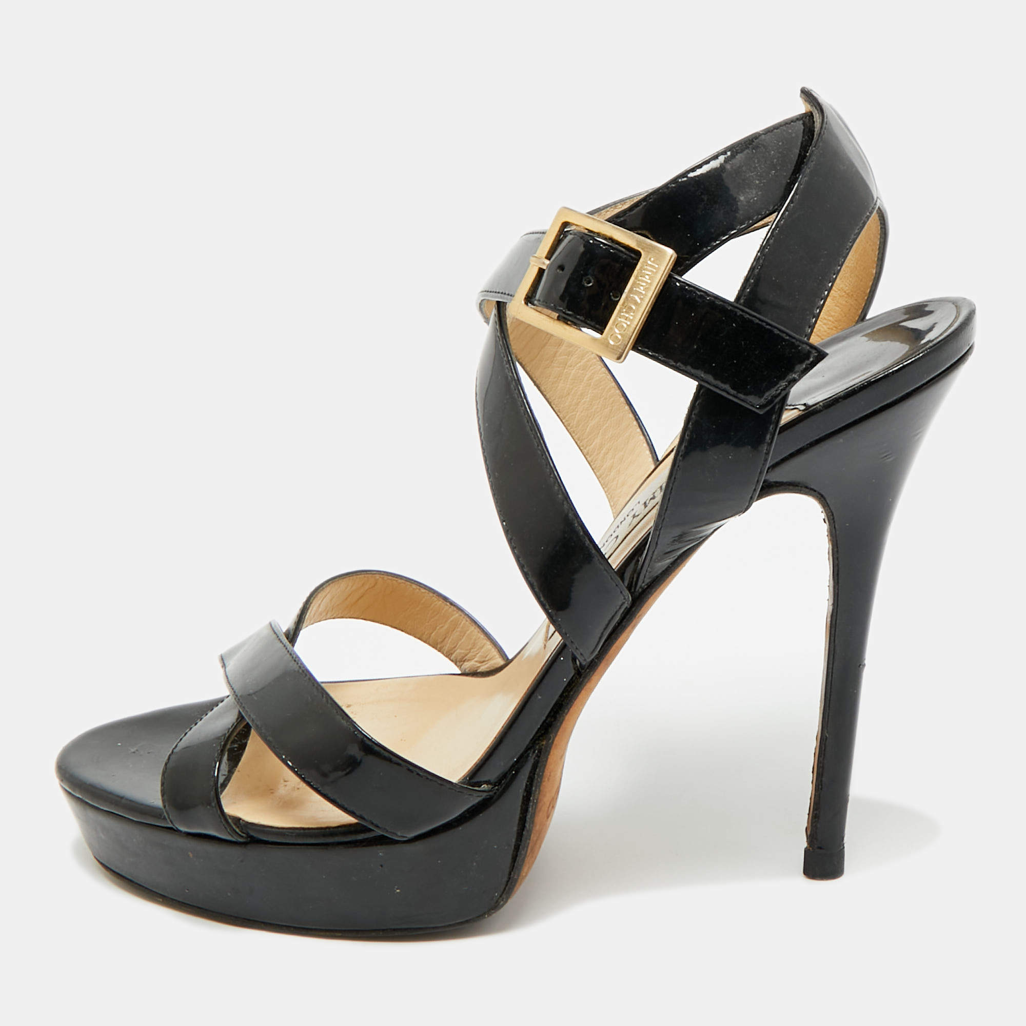 Pre Owned Jimmy Choo Louise Size 39 Black Patent Leather Ankle Strap Sandals
