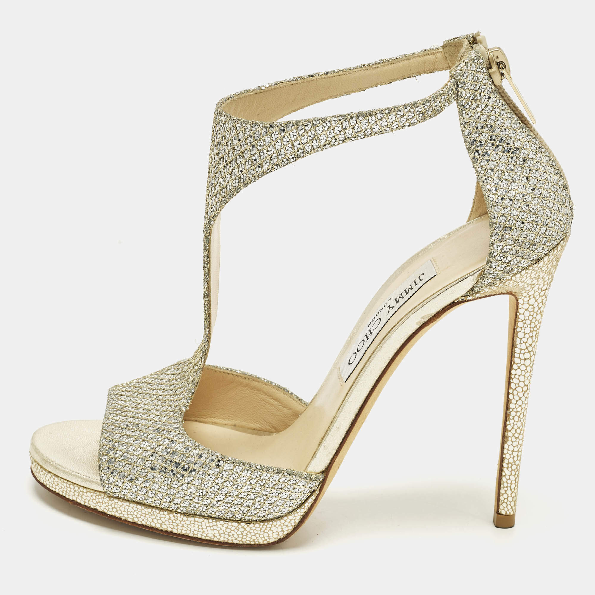 مملوكة مسبقًا Jimmy Choo Lana 120 Size 39 Gold Glitter T Strap Sandals