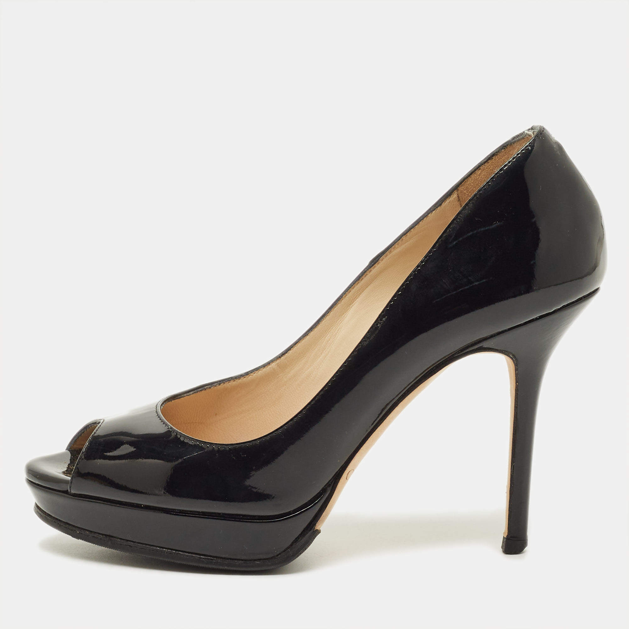 Pre Owned Jimmy Choo Crown Size 35 Black Patent Leather Platform Pumps