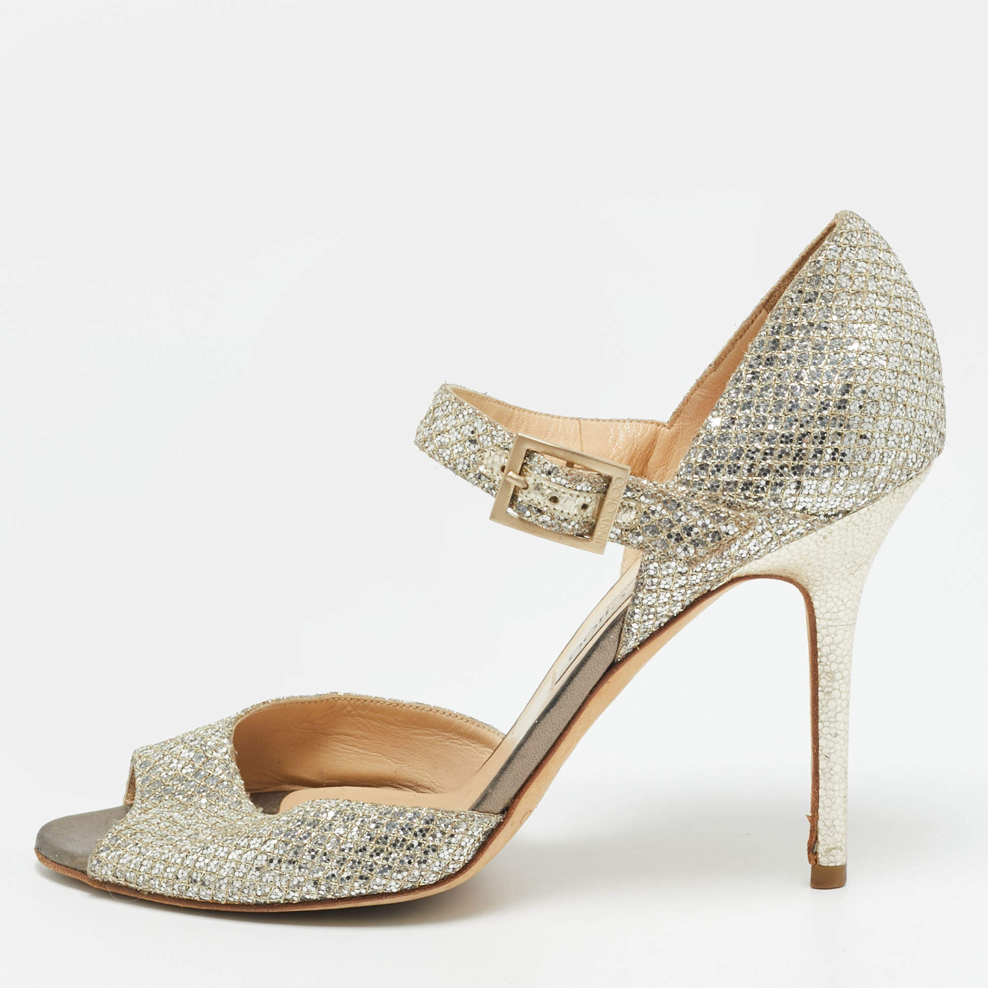 مملوكة مسبقًا Jimmy Choo Size 40.5 Gold Glitter and Leather Peep Toe Ankle Strap Pumps