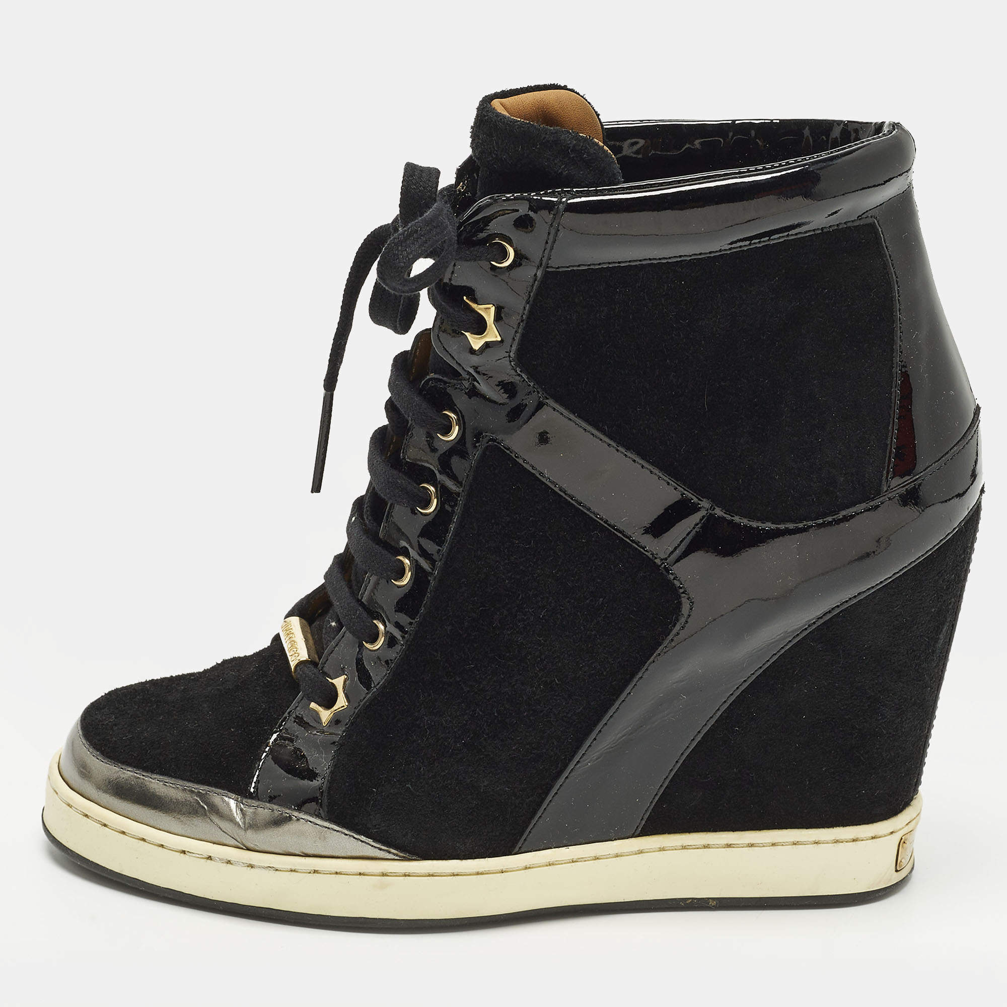 Pre Owned حذاء رياضى جيمى تشو كعب روكى بانما سويدى وجلد لامع أسود مقاس 39