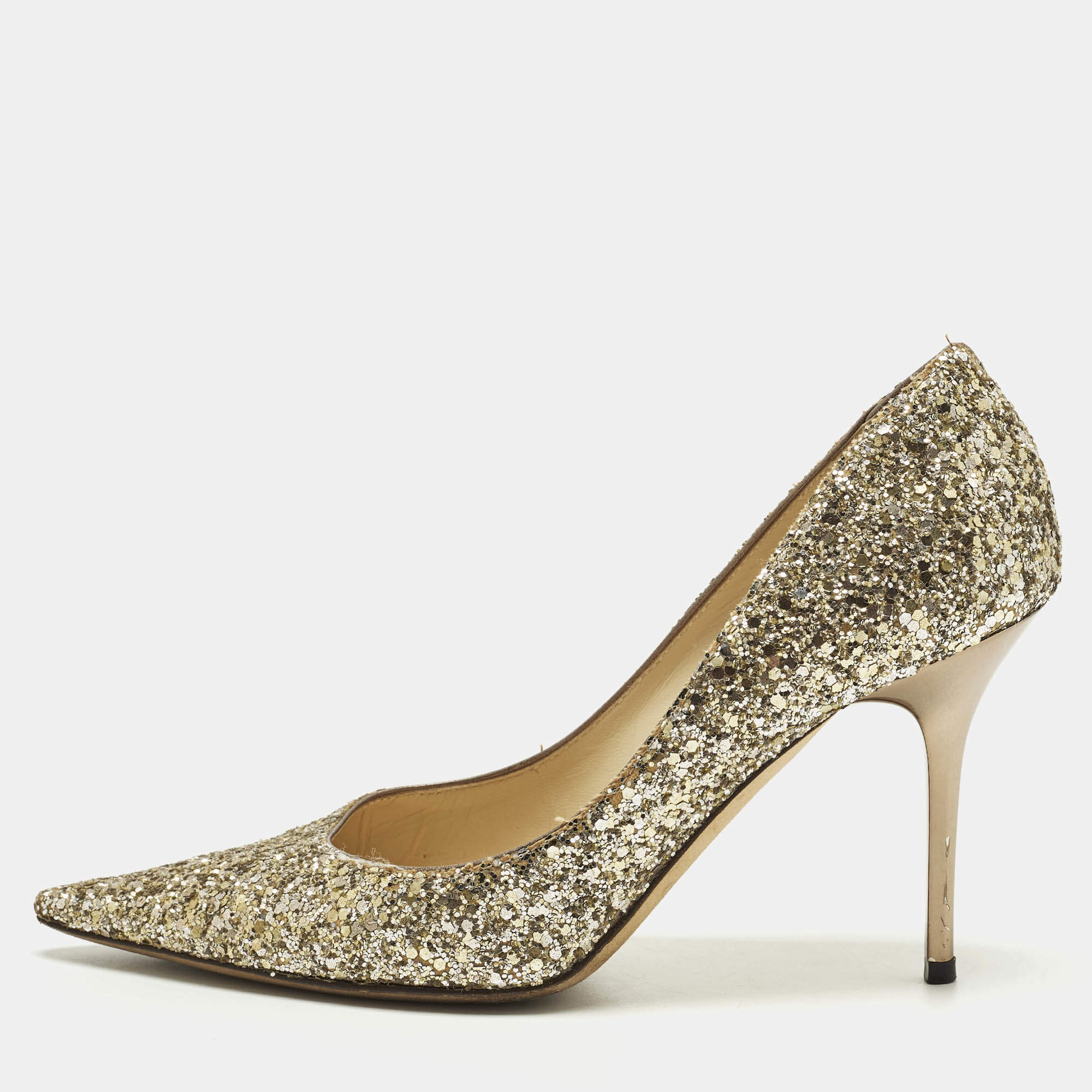 مملوكة مسبقًا Jimmy Choo Romy Size 36 Gold Coarse Glitter Pumps