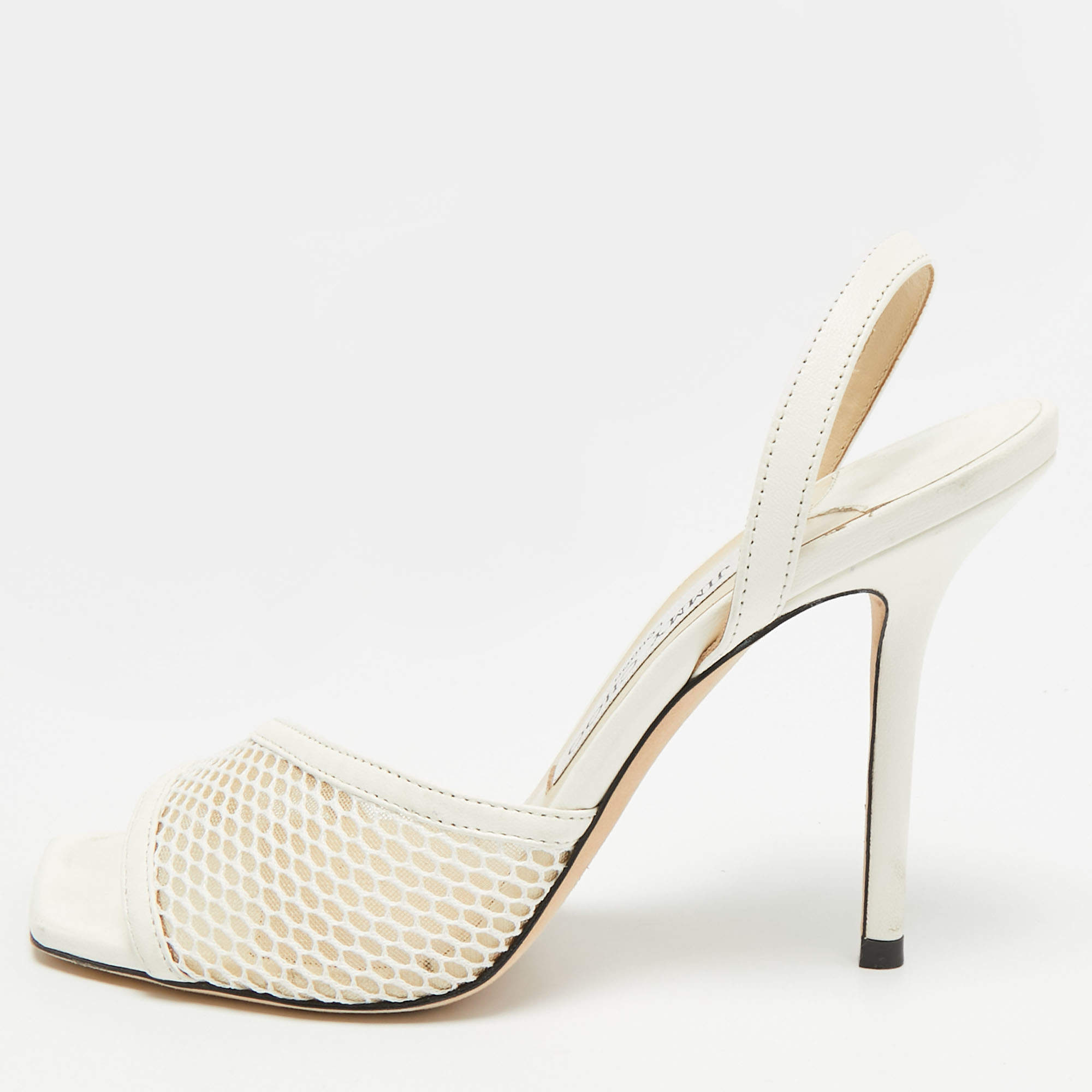 Pre Owned Jimmy Choo Size 36.5 White Leather and Mesh Slingback Sandals