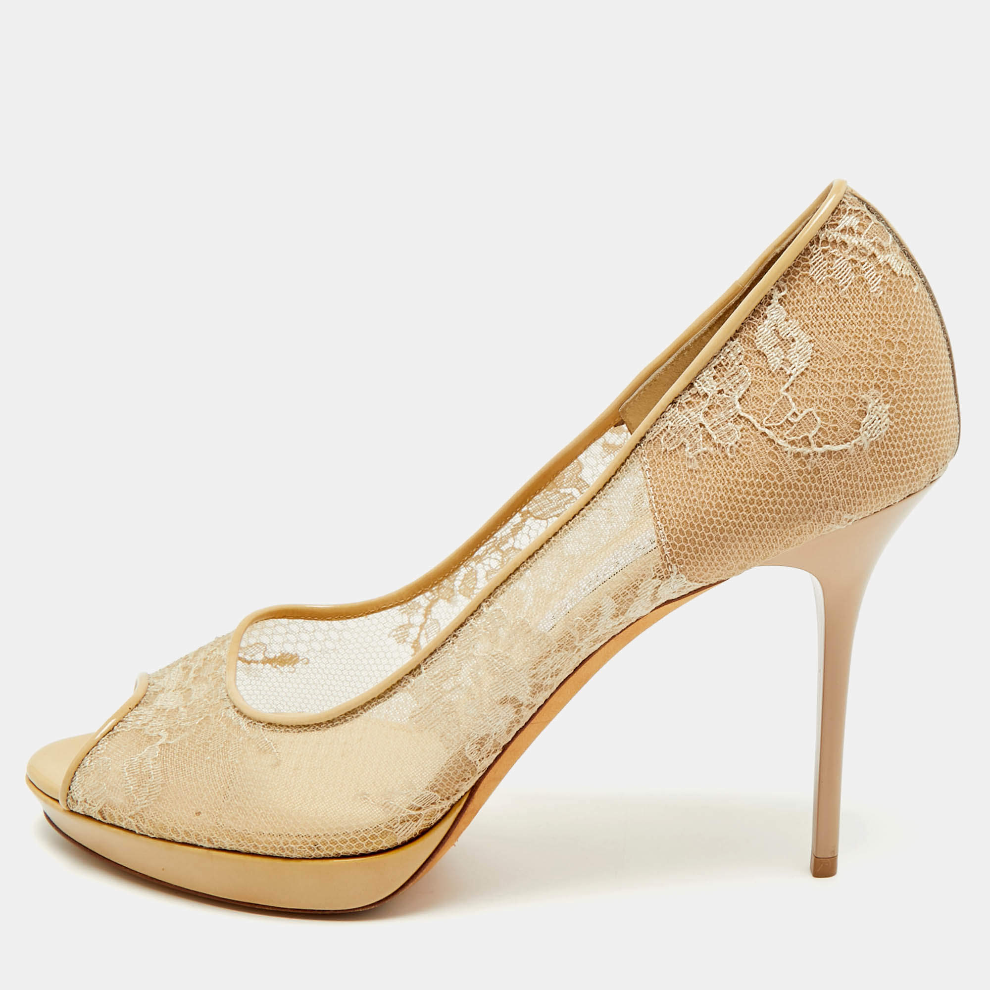 Pre Owned Jimmy Choo Size 41 Beige Lace and Patent Leather Peep Toe Pumps