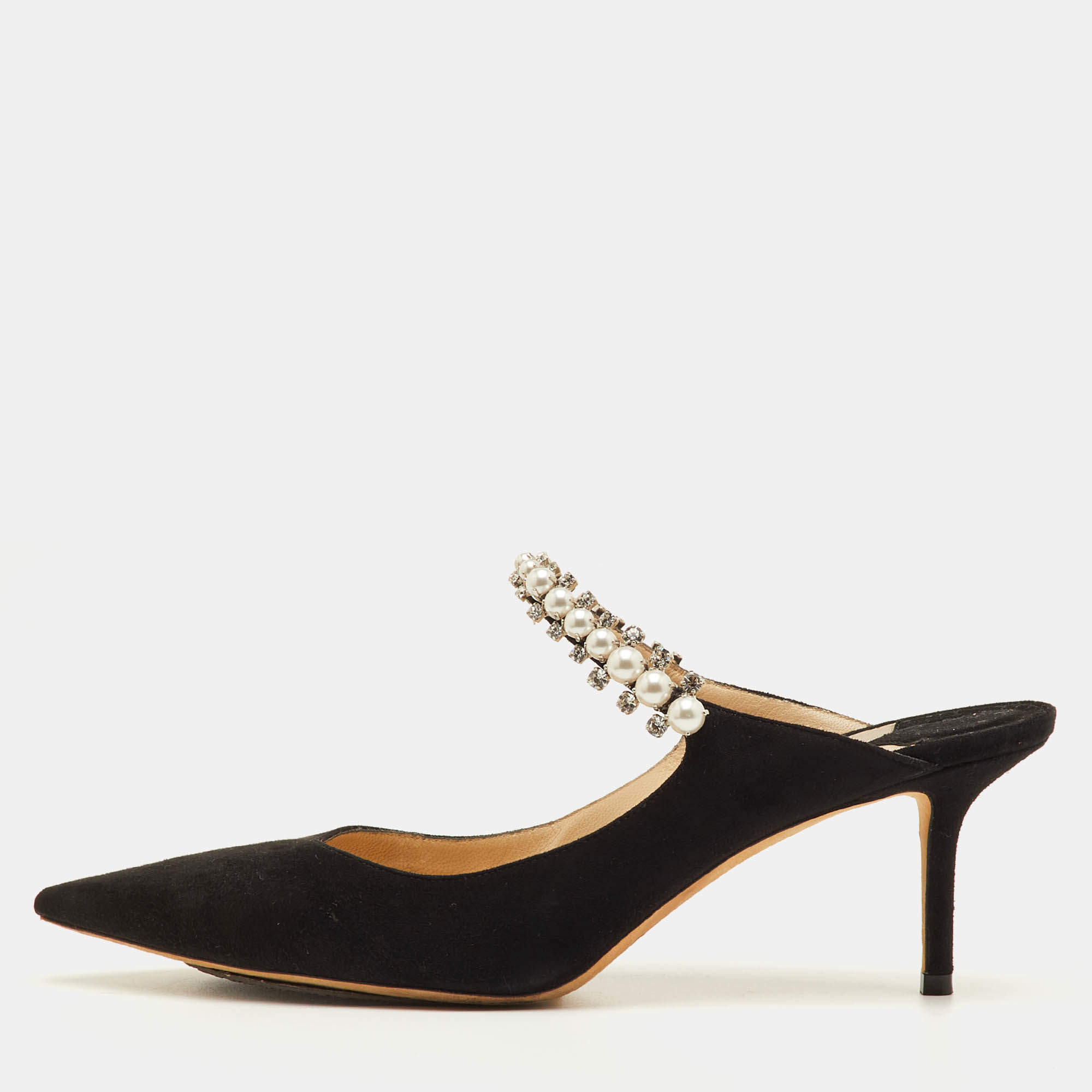 Pre Owned Jimmy Choo Bing Size 40 Black Suede Pearl and Crystal Embellished Pointed Toe Mules