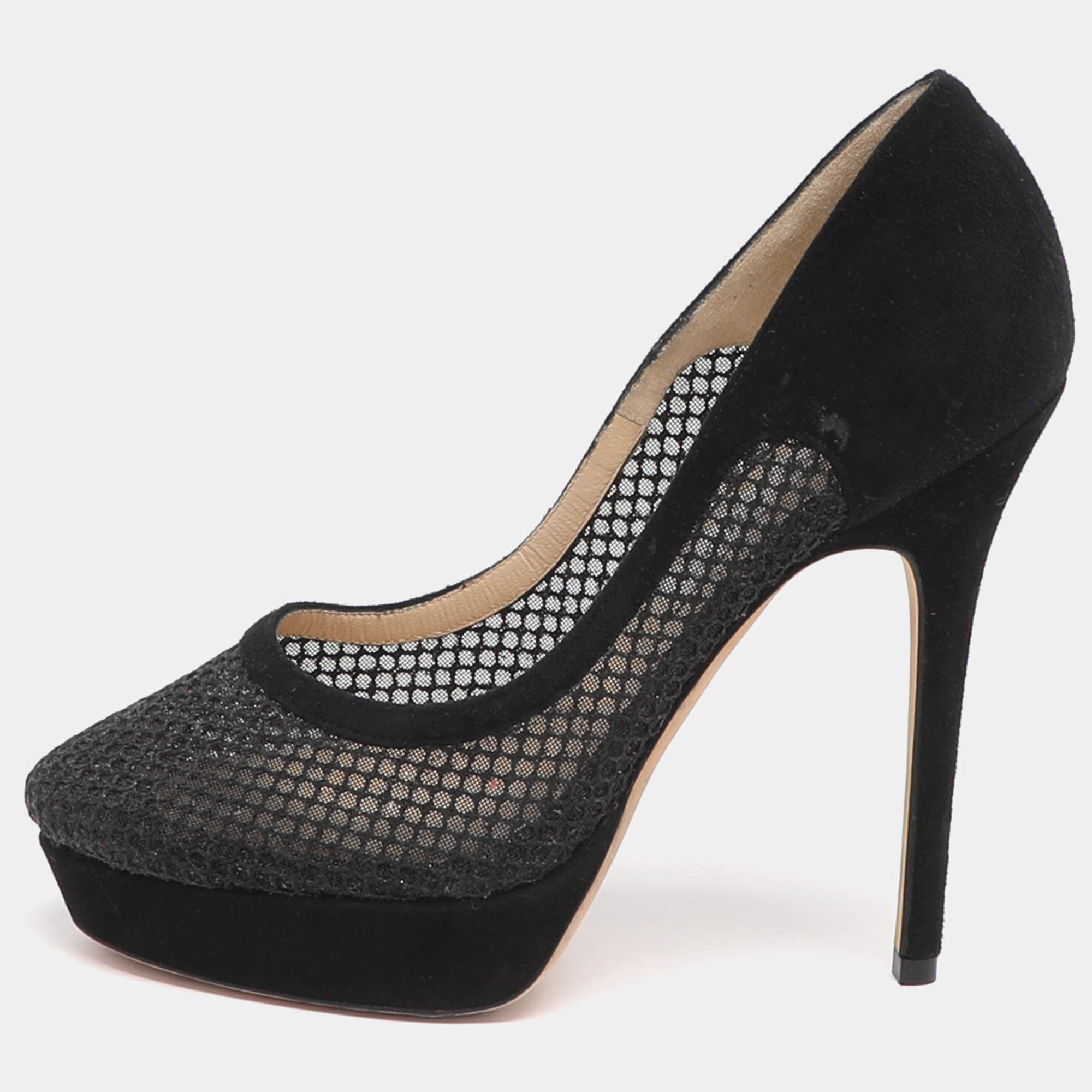 مملوكة مسبقًا Jimmy Choo Tesia Size 36 Black Mesh and Suede Platform Pumps