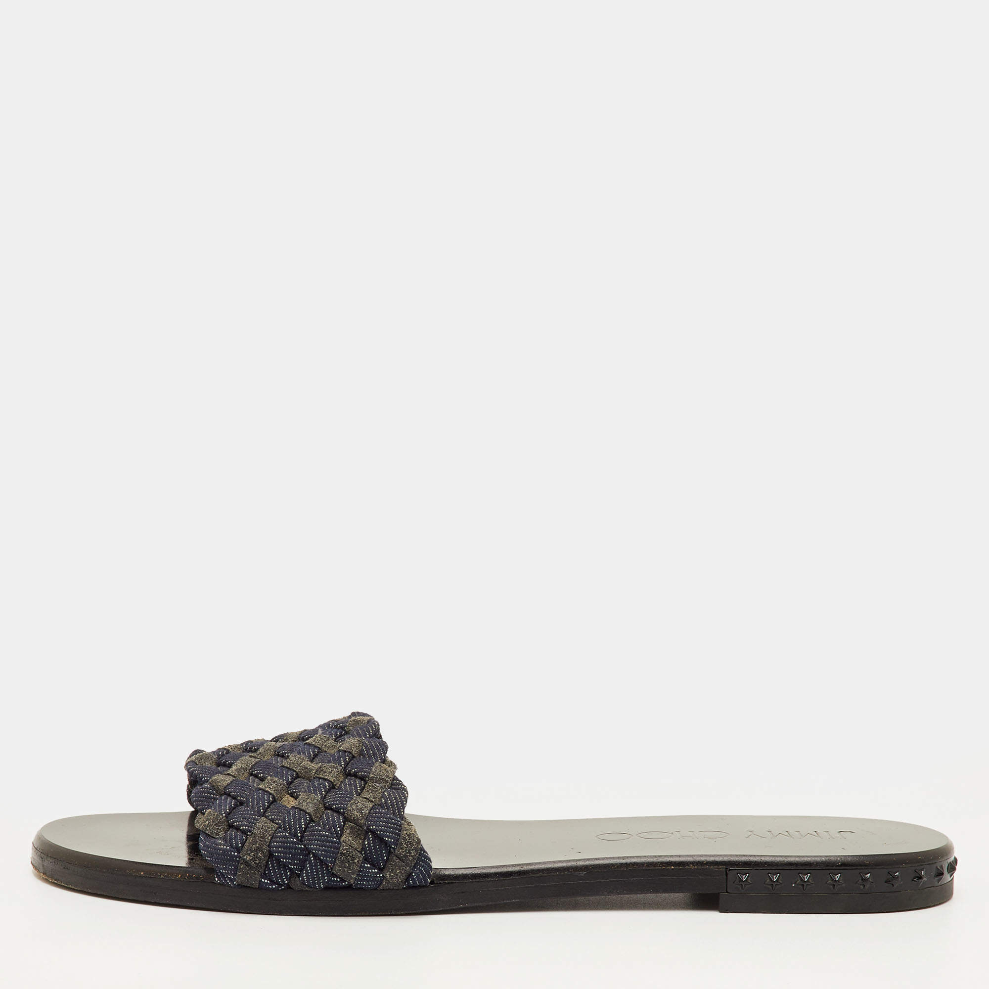 Pre Owned Jimmy Choo Size 37 Navy Blue/Grey Woven Fabric Flat Slide Sandals