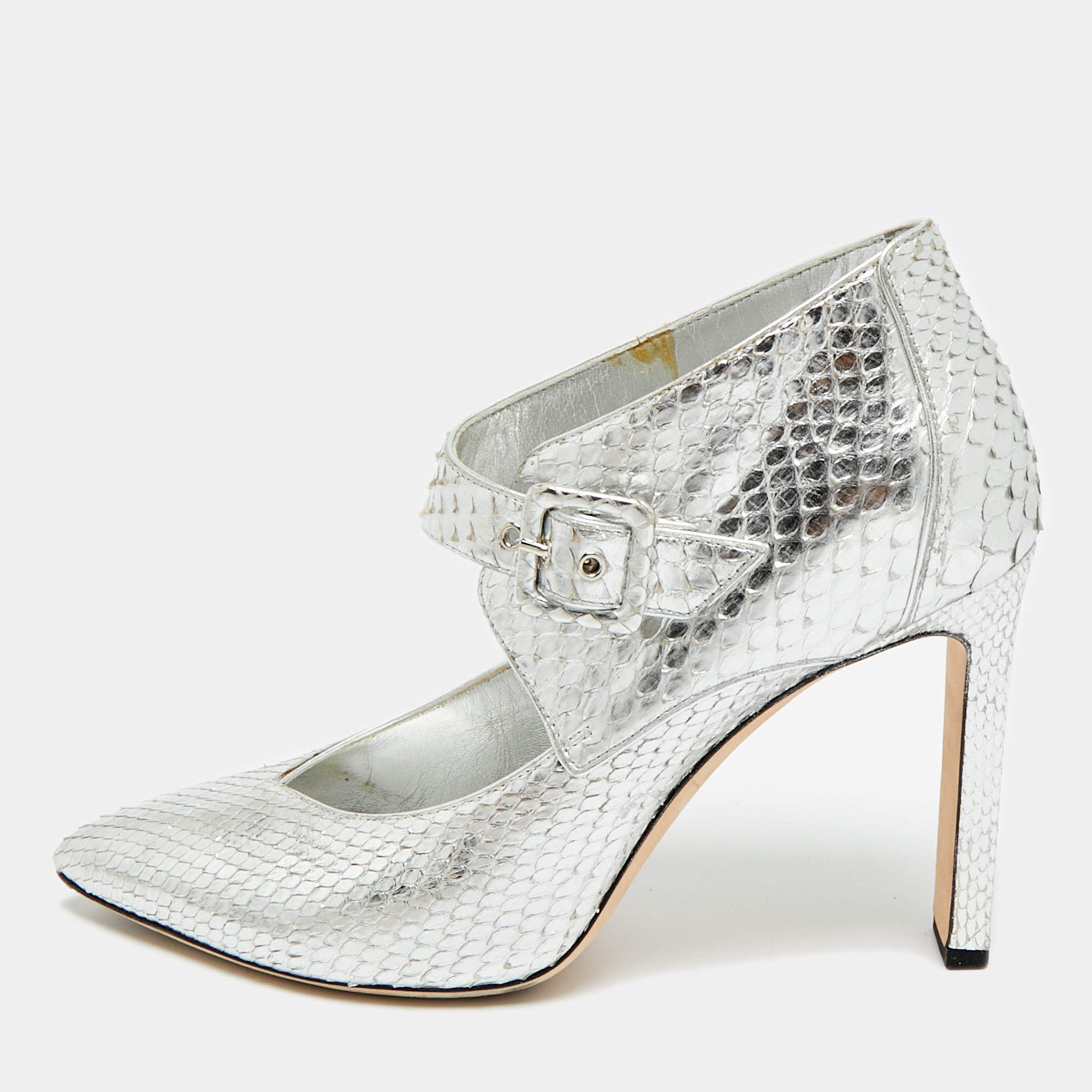 Pre Owned حذاء كعب عالي جيمي تشو برايفت مقدمة مفتوحة جلد بايثون فضي معدني مقاس 37.5