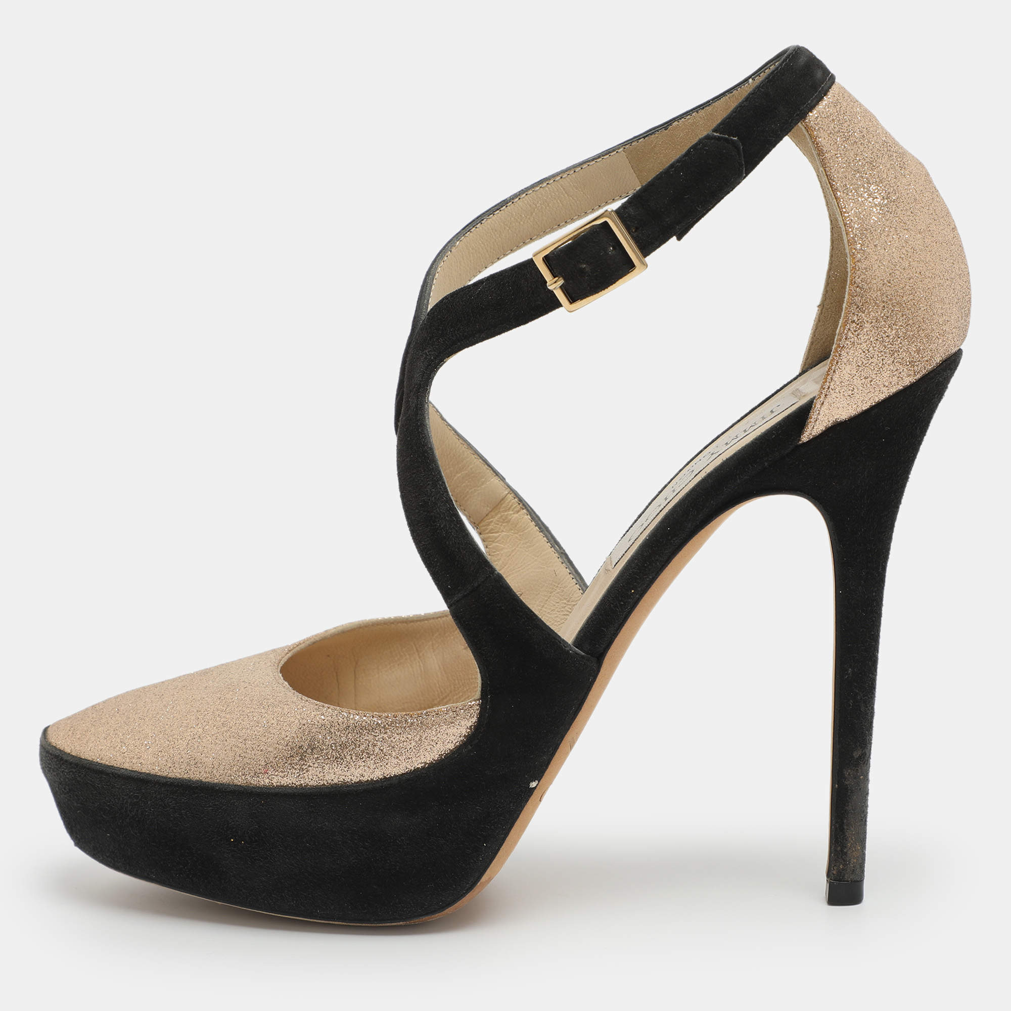 Pre Owned Jimmy Choo Size 38.5 Gold Glitter and Suede Platform Ankle Strap Pumps