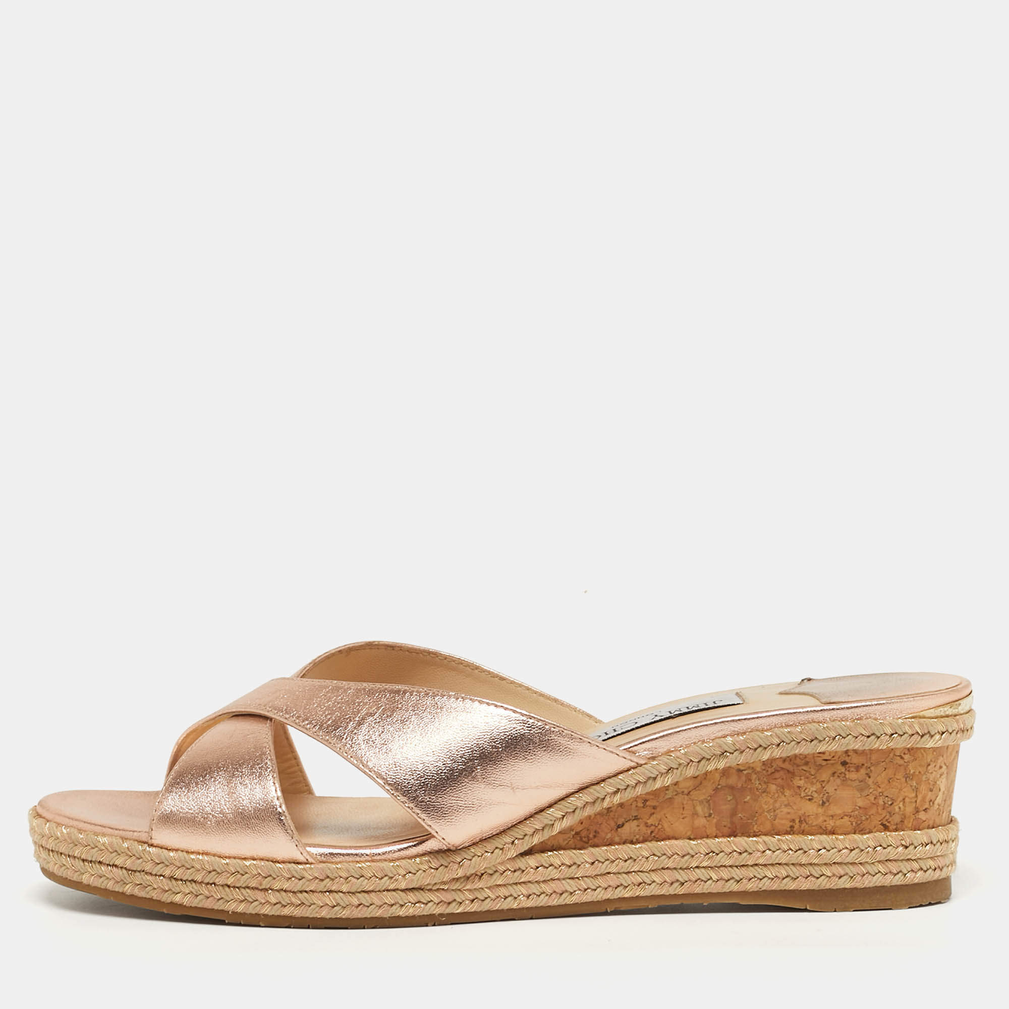 Pre Owned Jimmy Choo Prima Size 40 Metallic Leather Cork Wedge Sandals