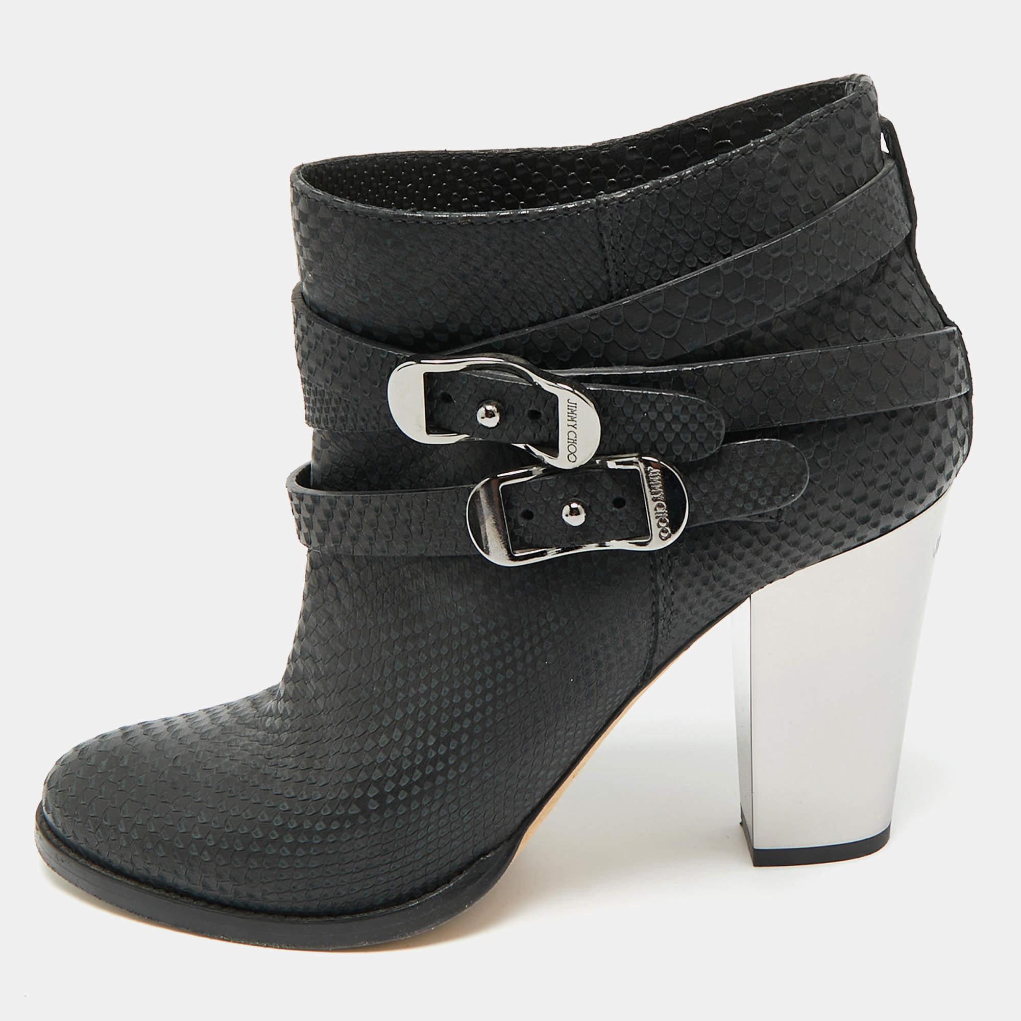 Pre Owned Jimmy Choo Marlin Size 40 Black Python Embossed Leather Ankle Length Boots