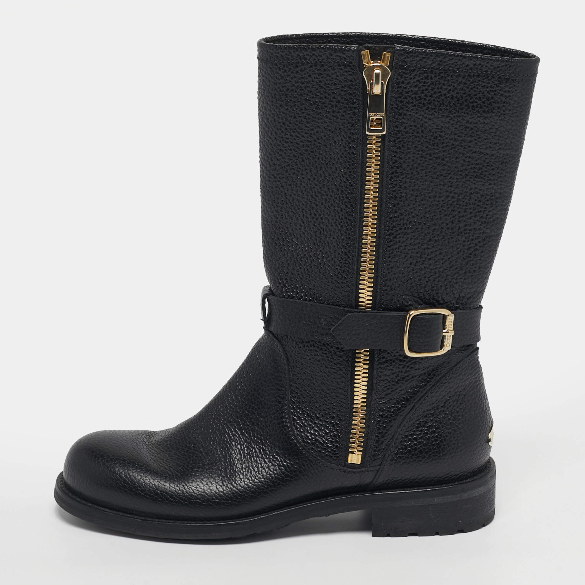 Pre Owned حذاء بوت متوسط الساق جلد أسود جيمي تشو دالستون مقاس 41