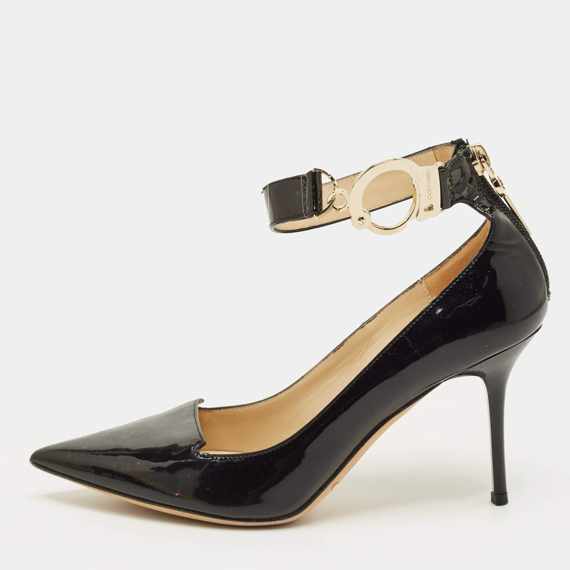 Pre Owned حذاء كعب عالي جيمي تشو ديفوت جلد أسود لامع مع أصفاد كاحل مقدمة مدببة مقاس 35.5