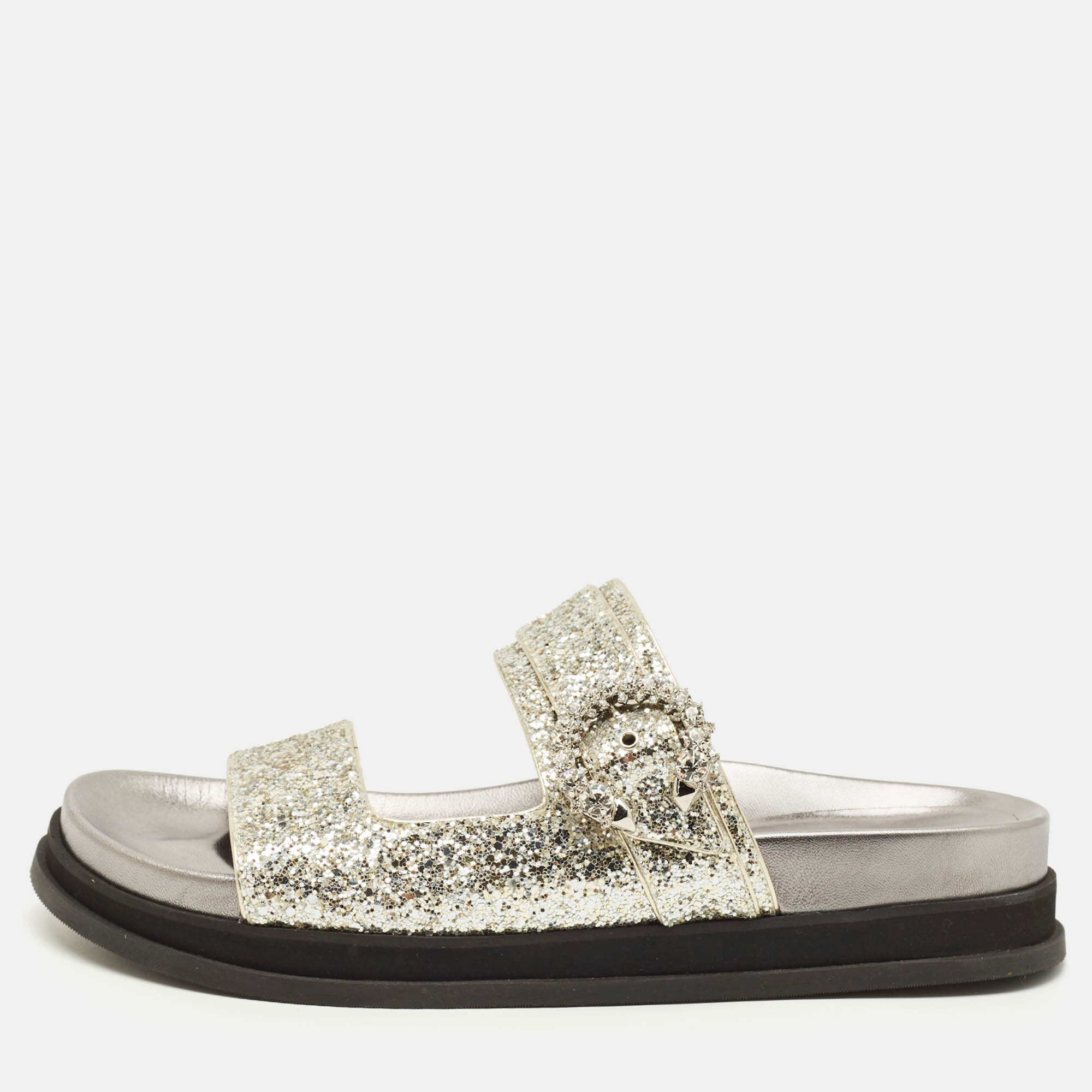Pre Owned Jimmy Choo Marga Size 41 Silver Glitter and Leather Crystal Embellished Flat Sandals