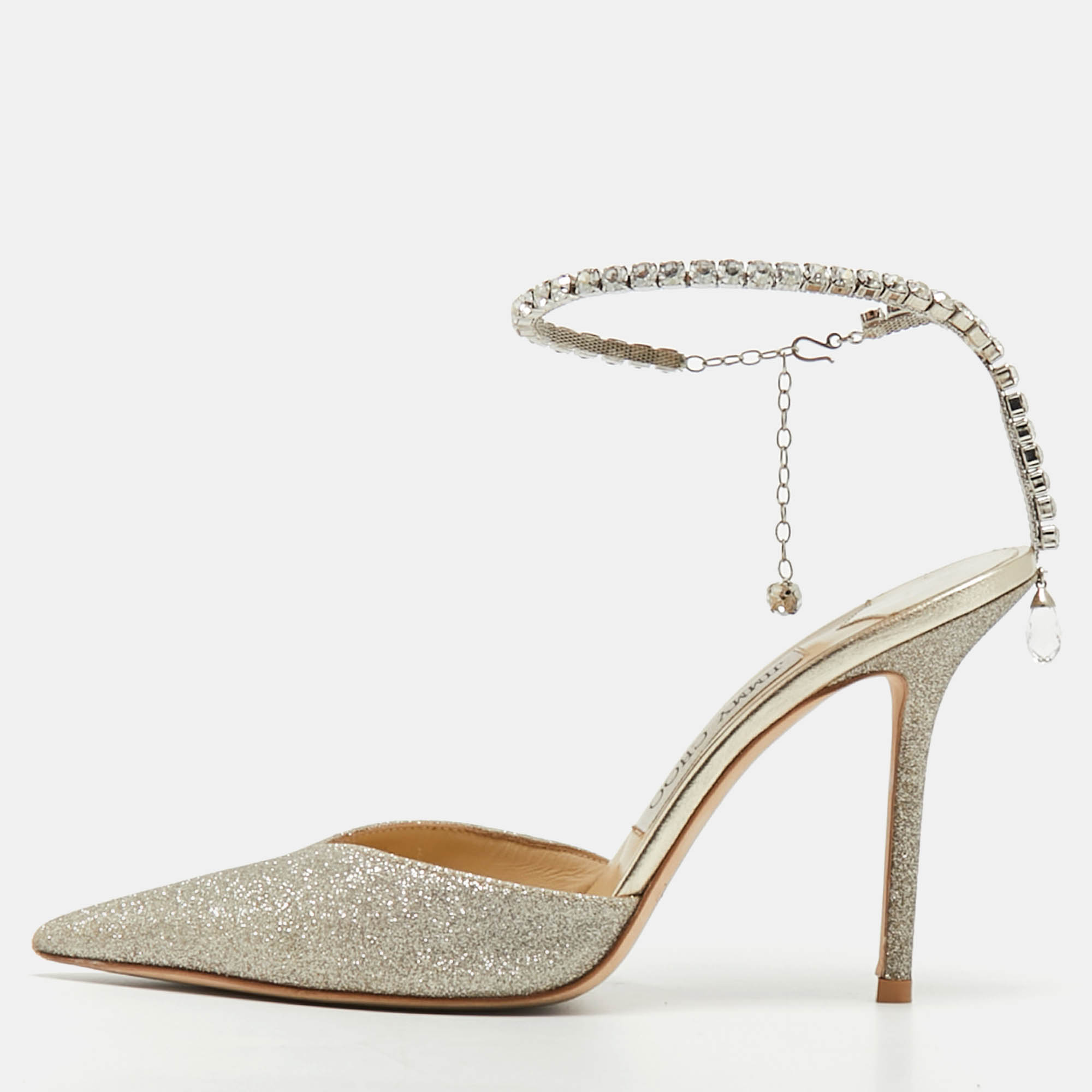 Pre Owned حذاء كعب عالي جيمي تشو سايدا حرير بيج مزين بالكريستال حزام الكاحل مقاس 39