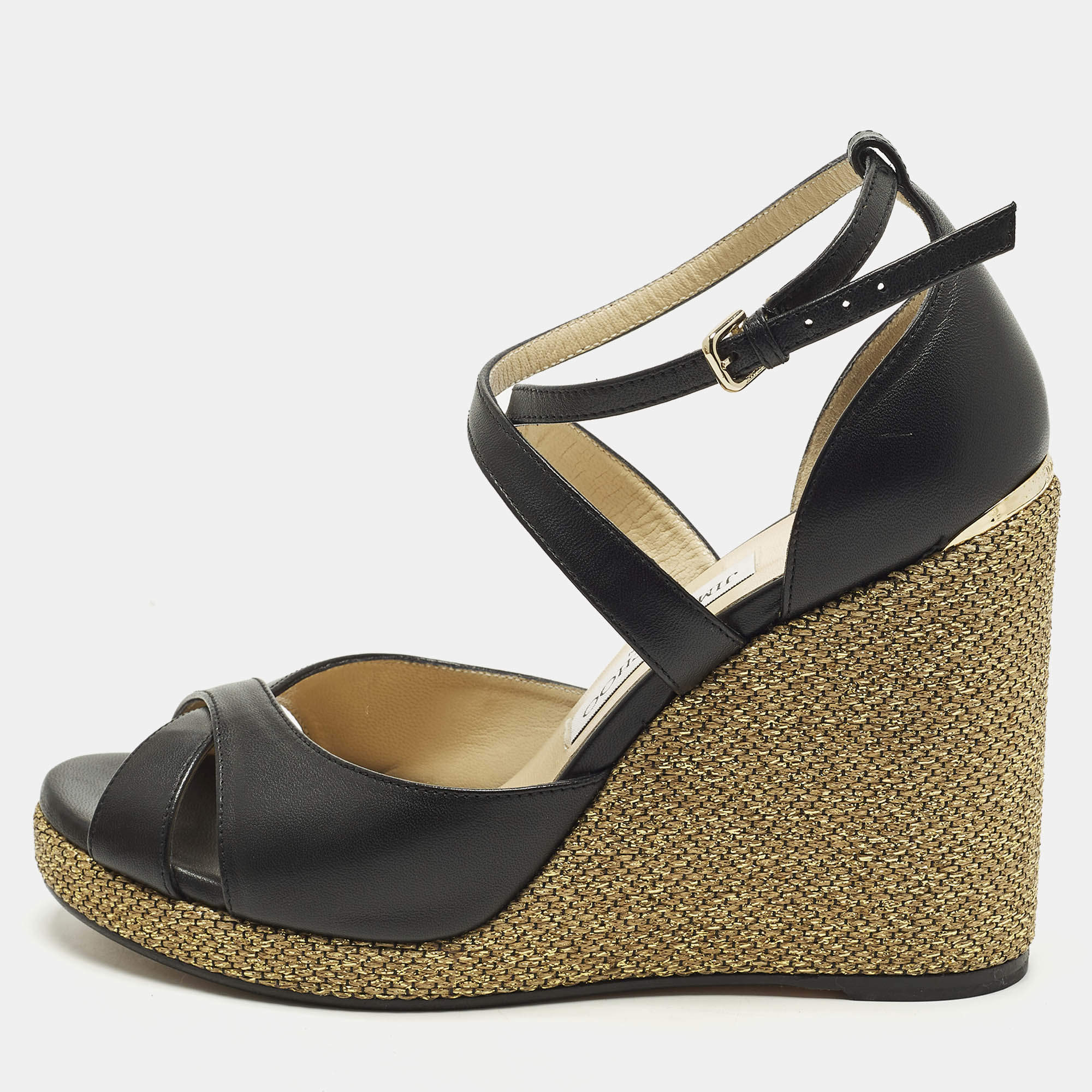 Pre Owned Jimmy Choo Alanah Size 39 Black Leather Wedge Sandals