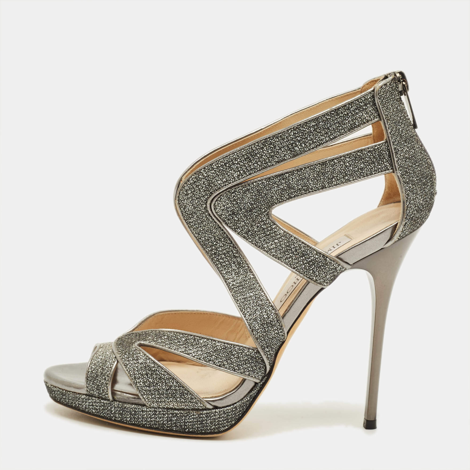 Pre Owned Jimmy Choo Collar Size 37 Metallic Silver Glitter and Leather Platform Sandals