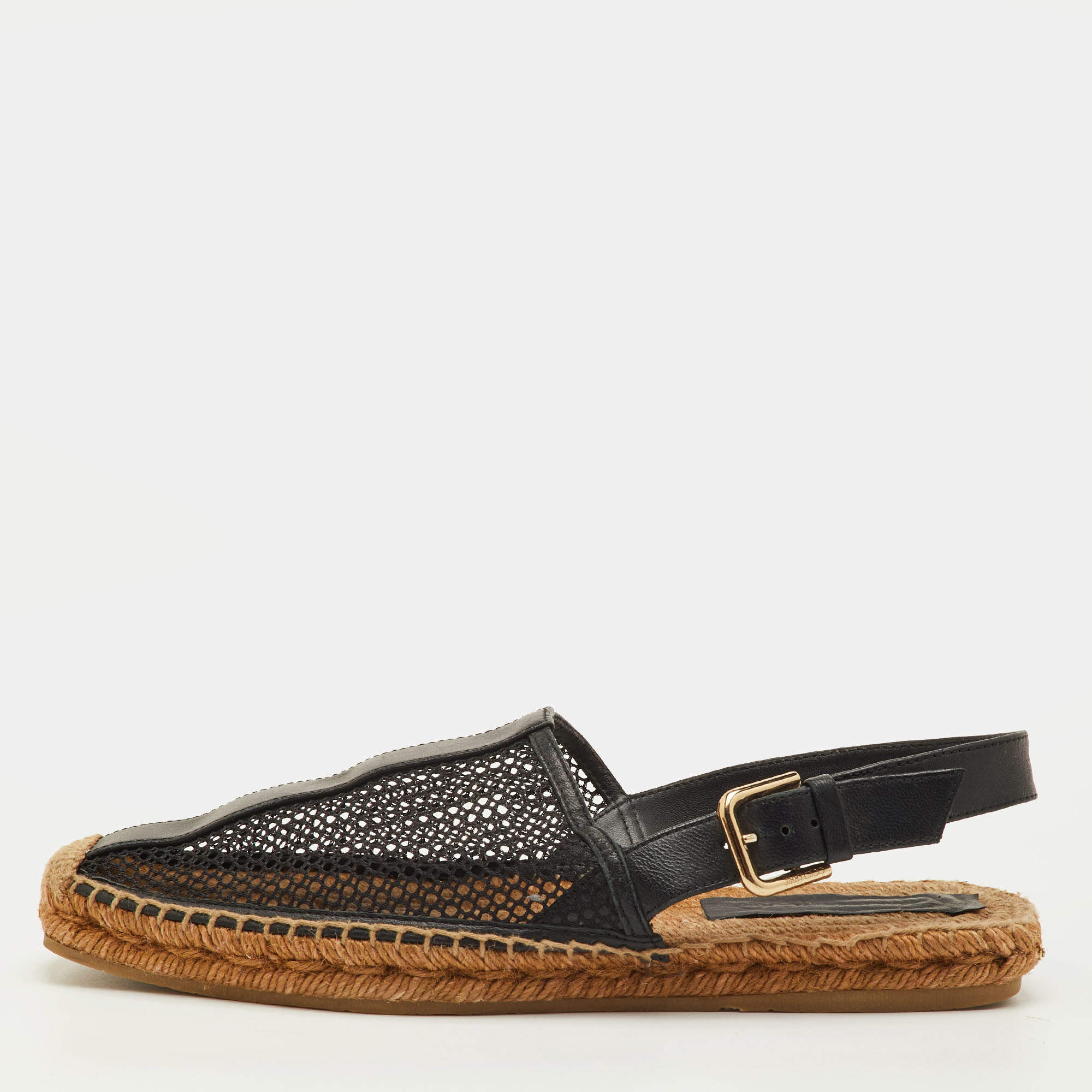 Pre Owned Jimmy Choo Size 39 Black Leather and Mesh Espadrille Slingback Sandals