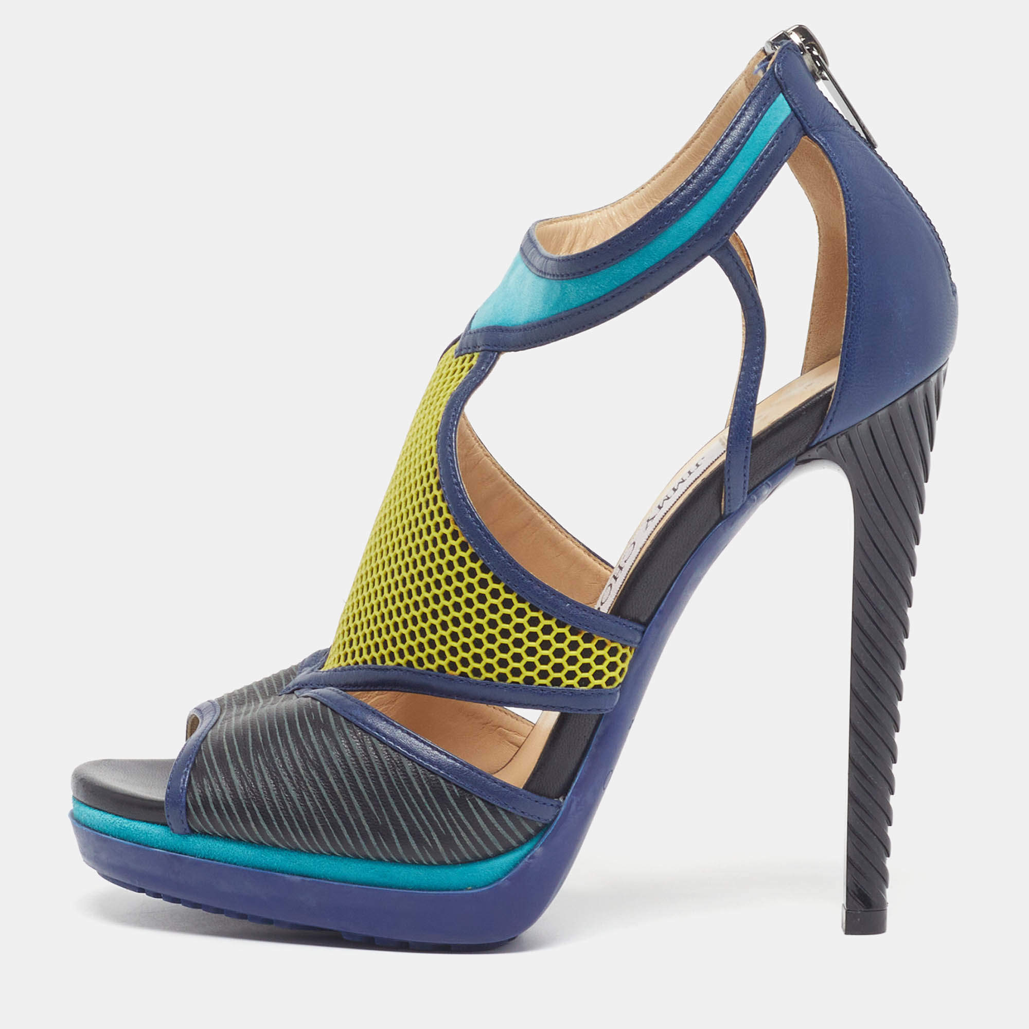 Pre Owned Jimmy Choo Lythe Size 37.5 Multicolor Leather and Suede Ankle Strap Sandals