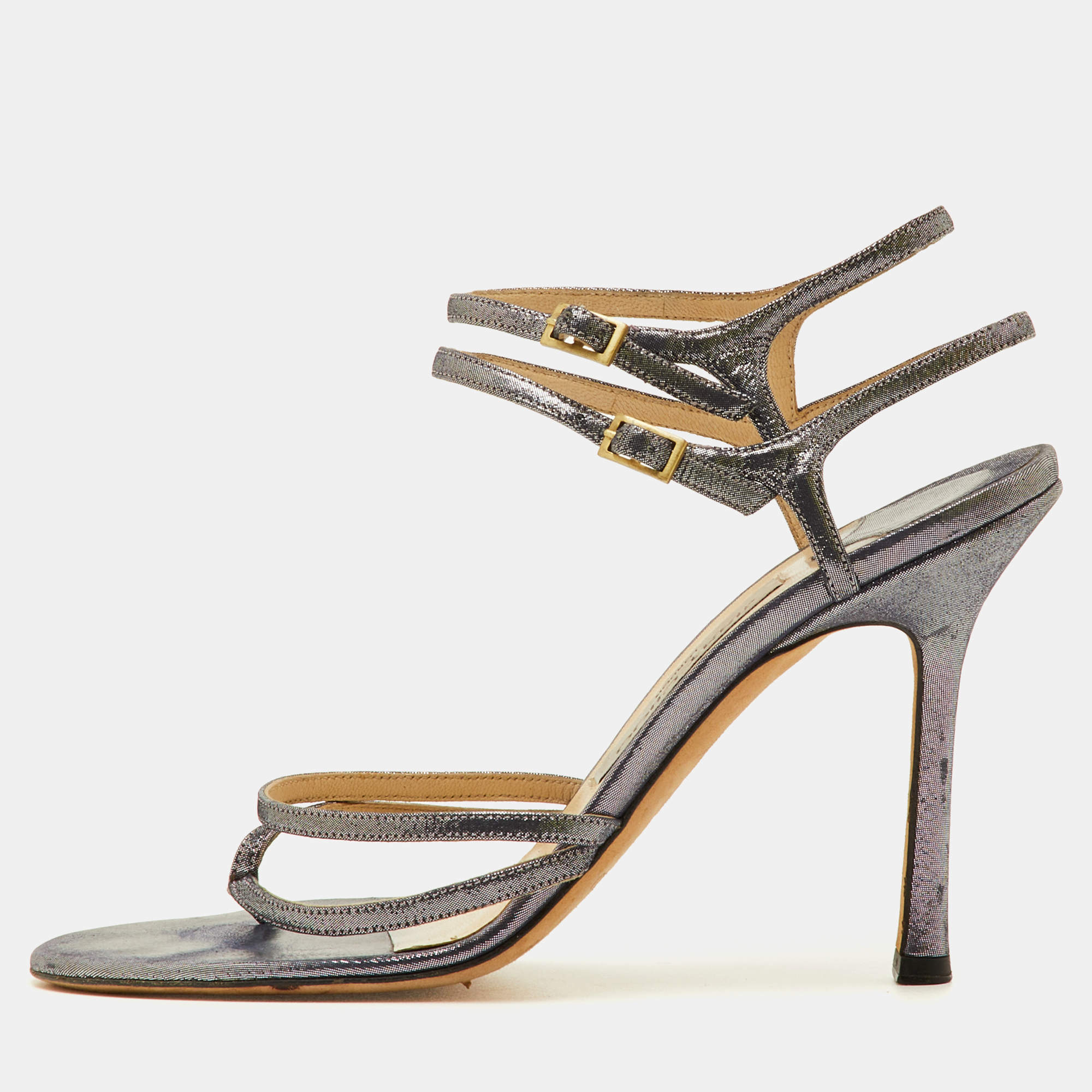 مملوكة مسبقًا Jimmy Choo Strappy Size 39 Metallic Silver Leather Open Toe Ankle Strap Sandals