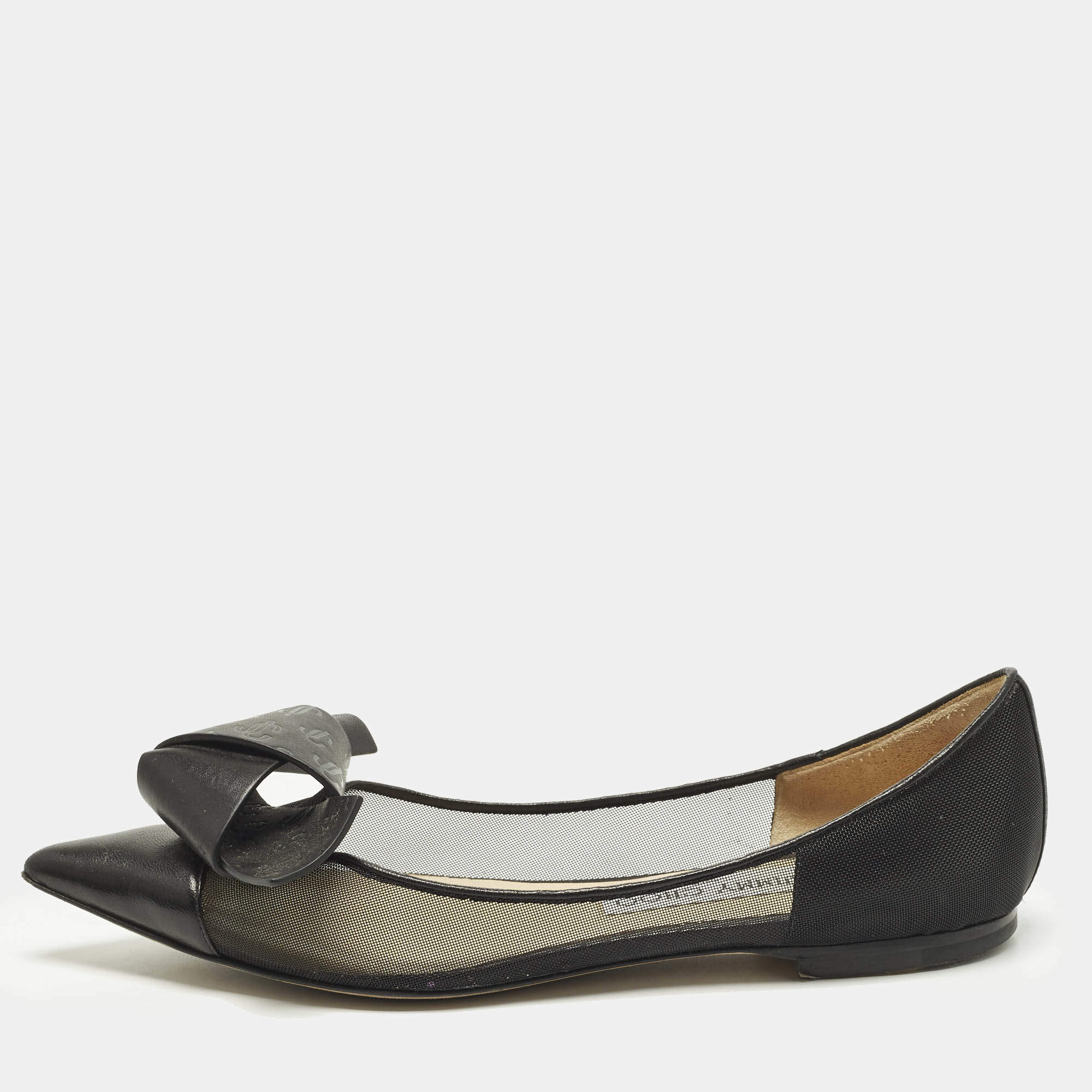 Pre Owned Jimmy Choo Size 36 Black Leather Mesh Bow Ballet Flats