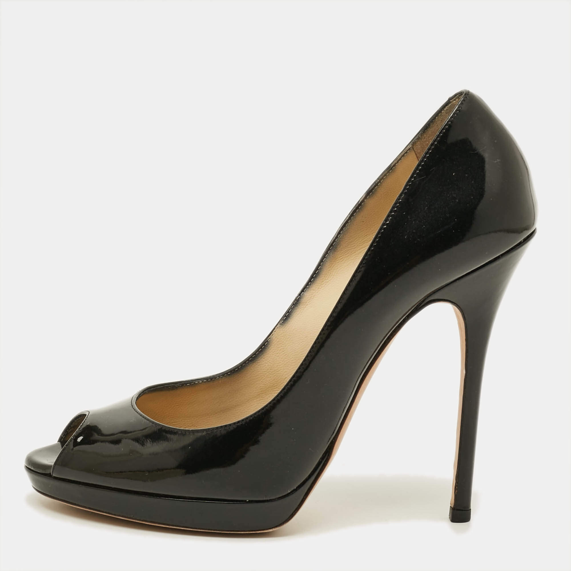 Pre Owned Jimmy Choo Cosmic Size 38 Black Patent Leather Peep Toe Pumps