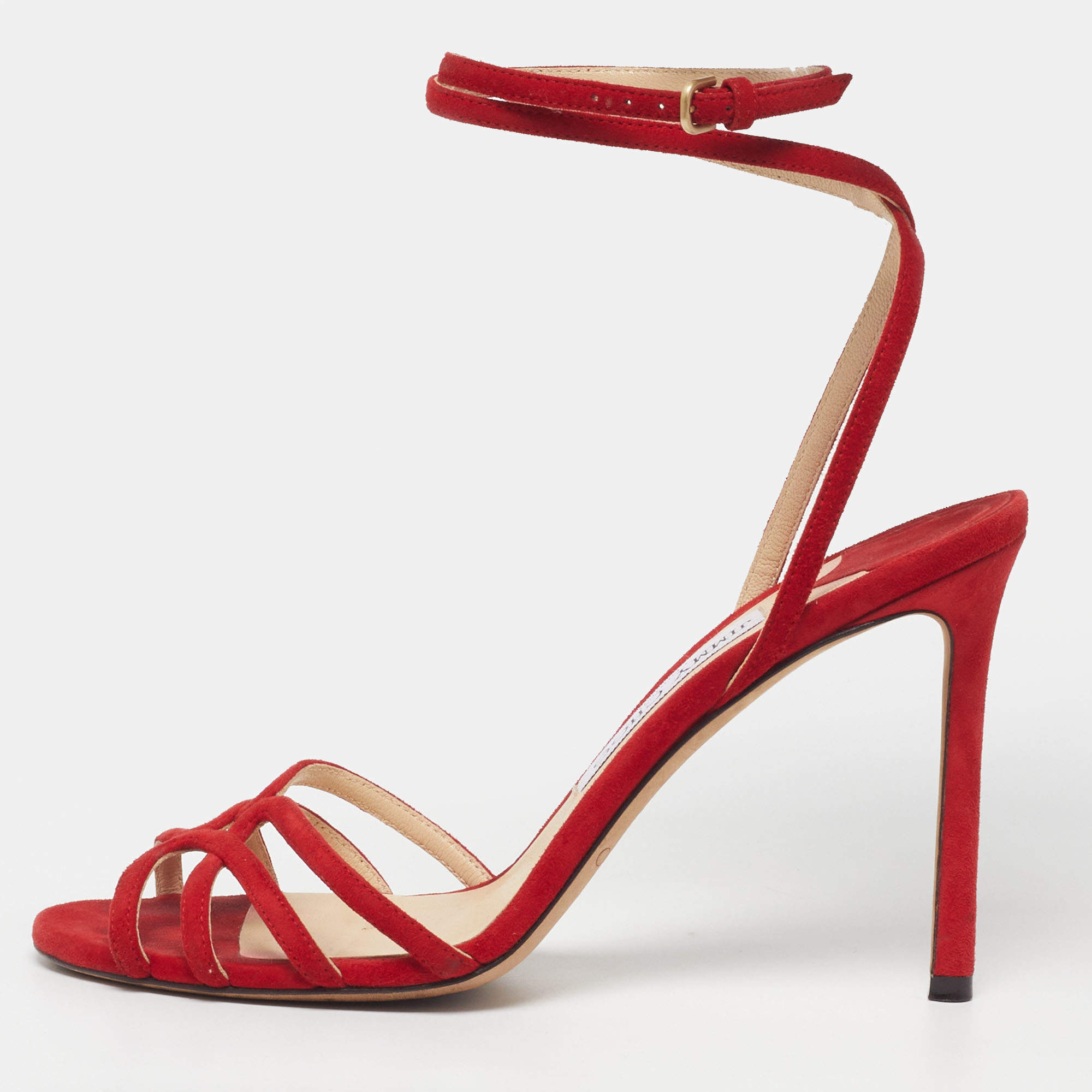 Pre Owned Jimmy Choo Size 38.5 Red Suede Ankle Strap Sandals