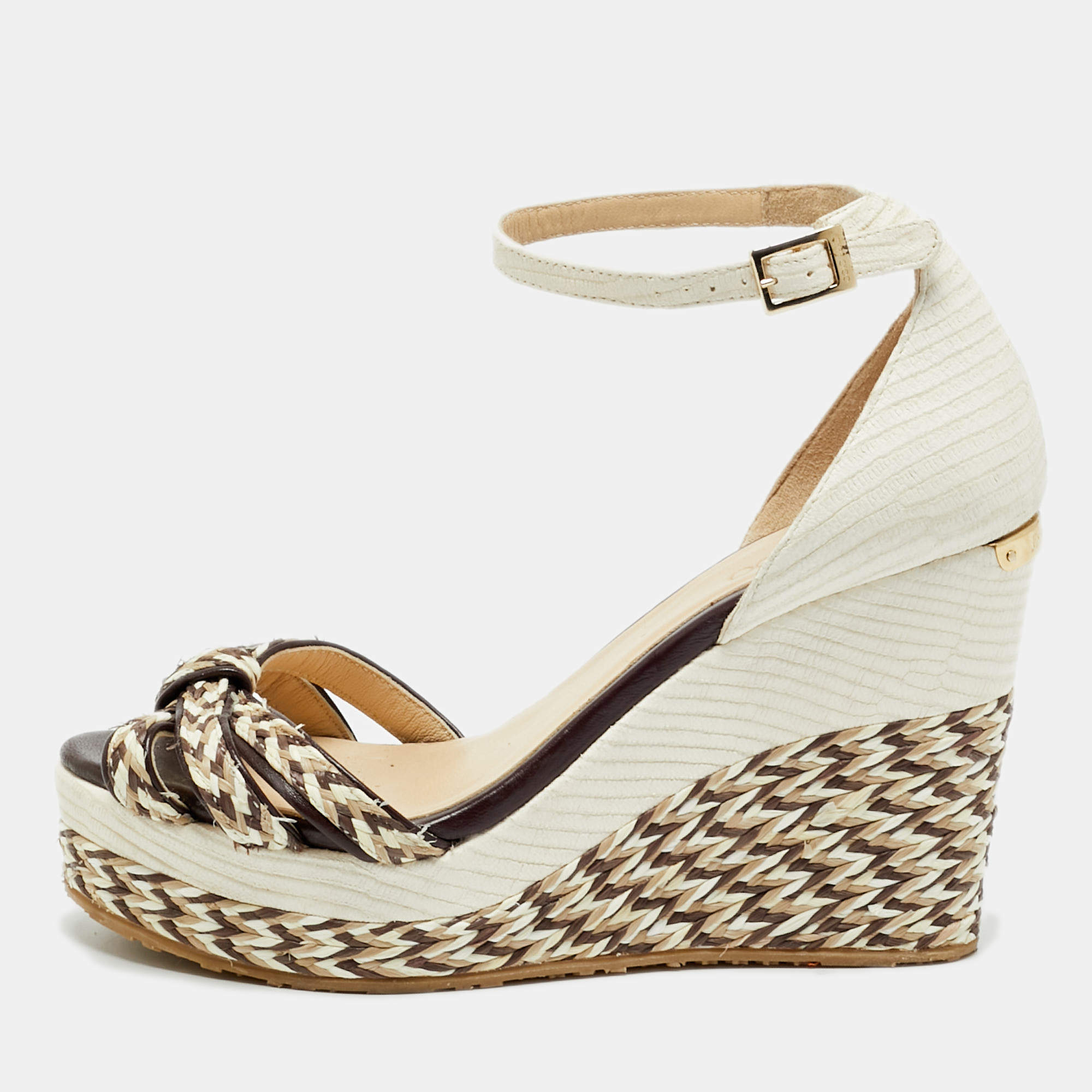 مملوكة مسبقًا Jimmy Choo Size 37.5 White/Brown Lizard Embossed Leather Raffia Wedge Sandals
