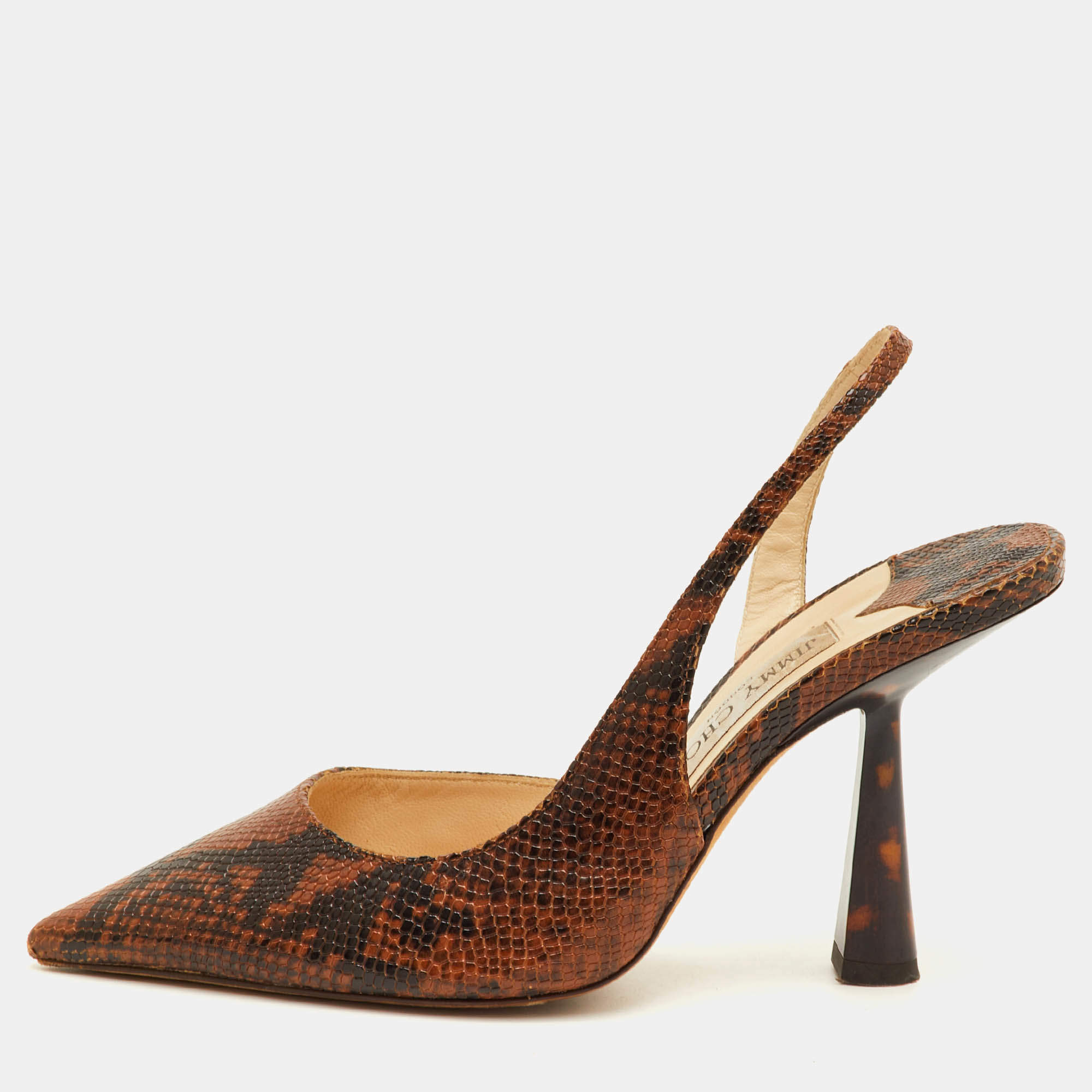 Pre Owned Jimmy Choo Fetto Size 36 Brown/Black Snakeskin Embossed Leather Slingback Pumps