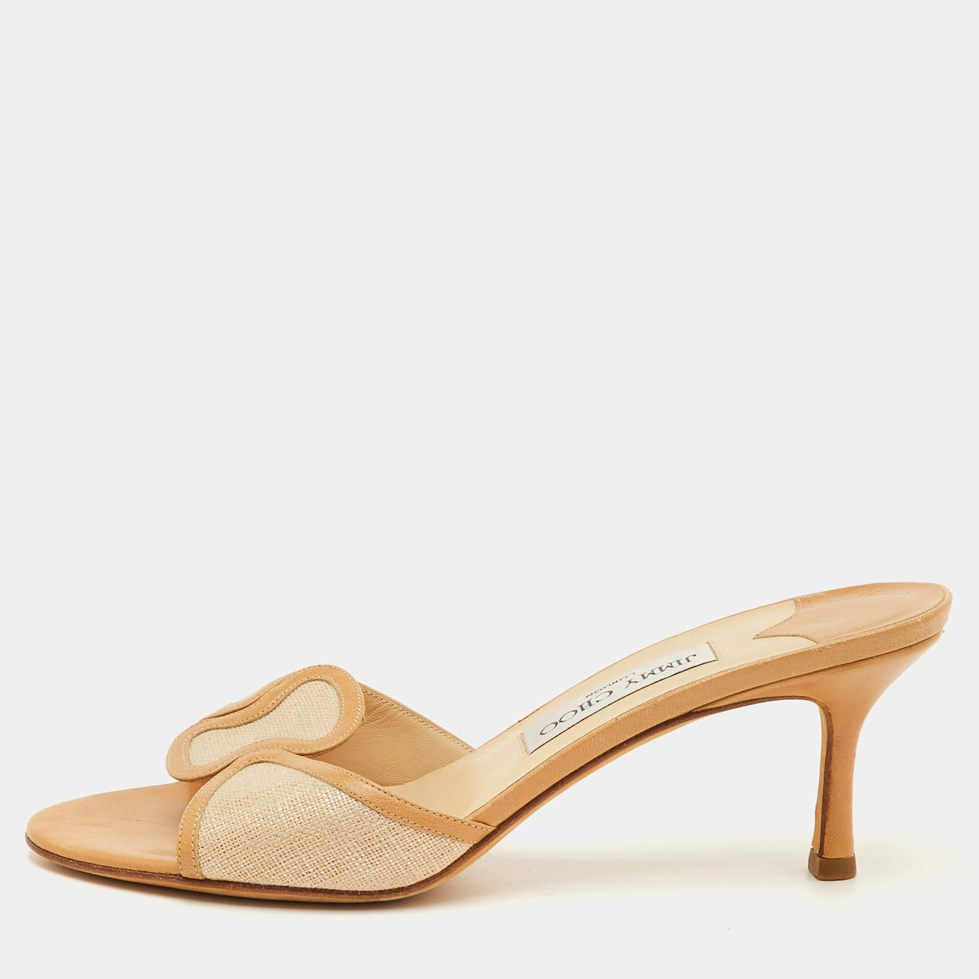 Pre Owned Jimmy Choo Size 39 Beige Fabric and Leather Slide Sandals