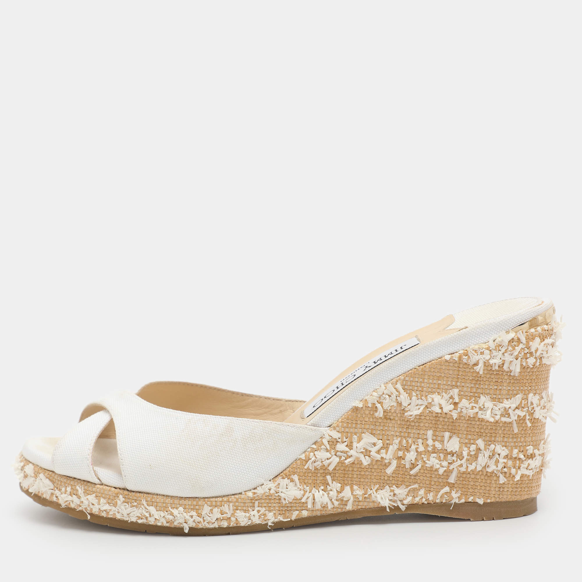 Pre Owned Jimmy Choo Avenue Size 37.5 White Canvas Espadrille Sandals