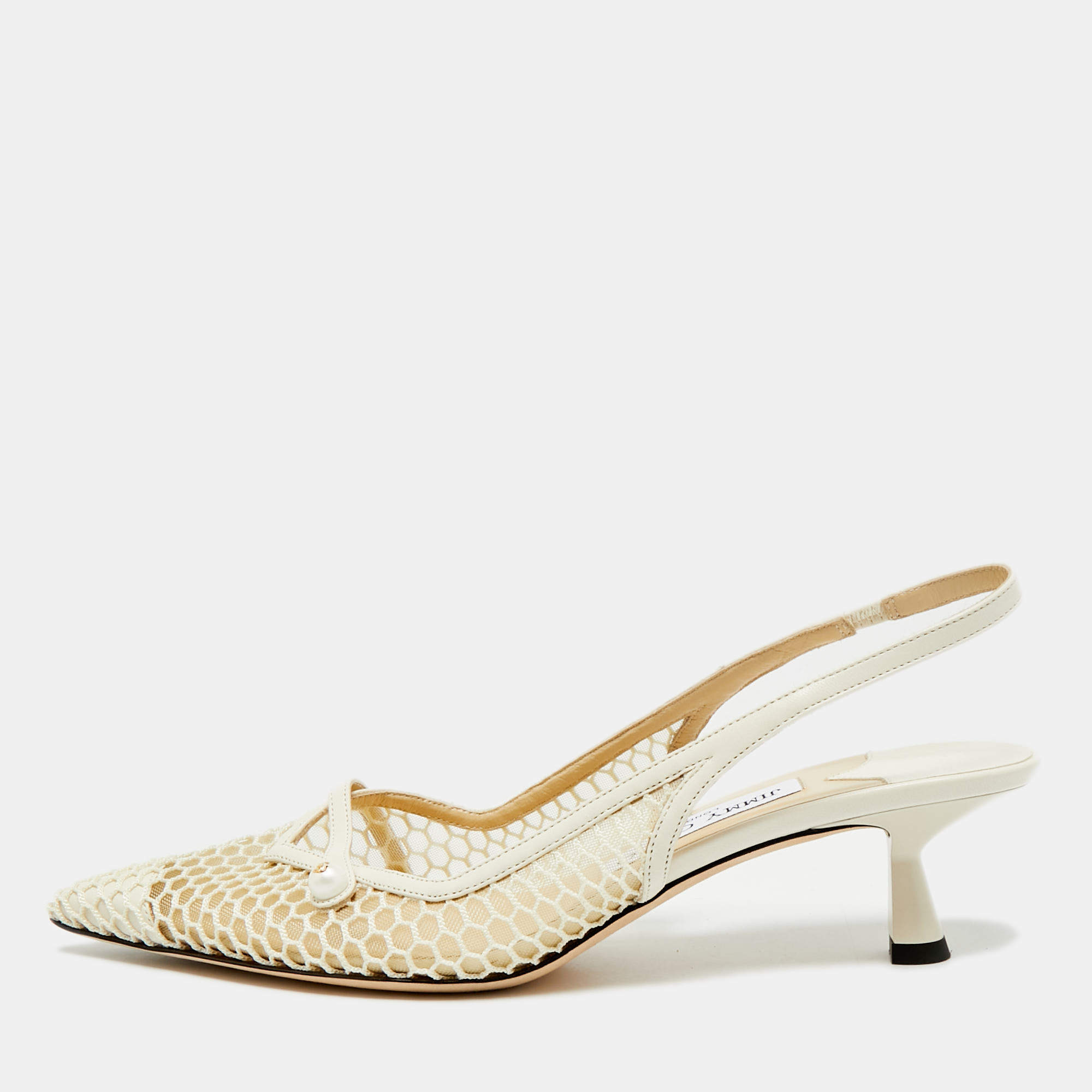 Pre Owned Jimmy Choo Amita Size 38 White Leather and Mesh Slingback Pumps