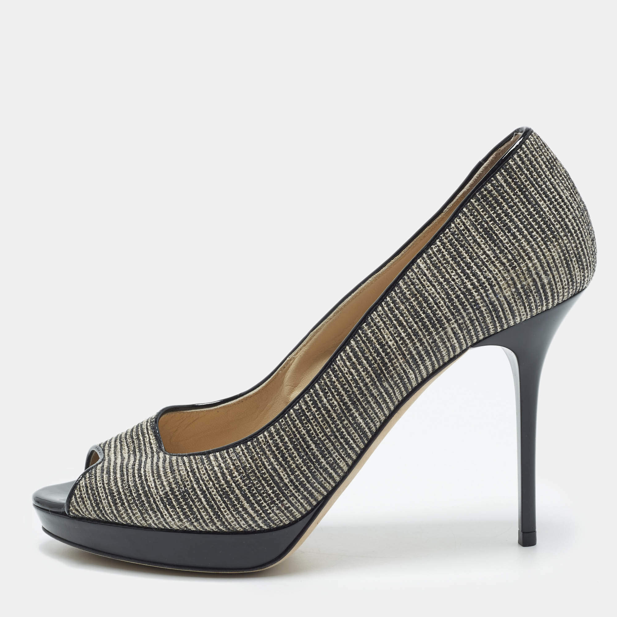 مملوكة مسبقًا Jimmy Choo Luna Size 38 Grey/Black Metallic Lurex Fabric Peep Toe Pumps