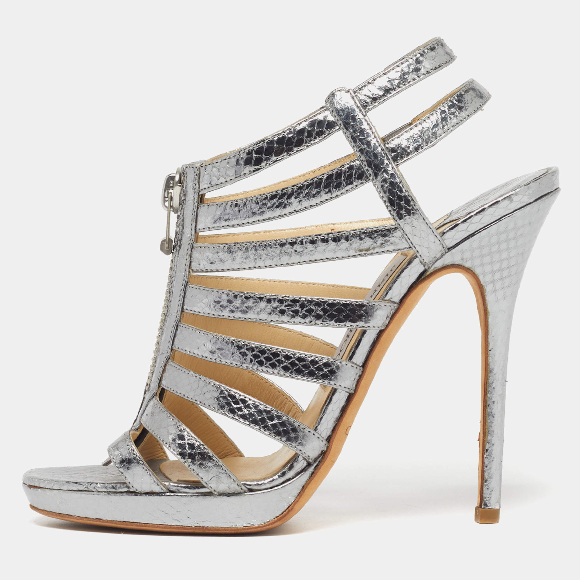 مملوكة مسبقًا Jimmy Choo Glenys Size 38.5 Silver Snakeskin Embossed Leather Gladiator Sandals