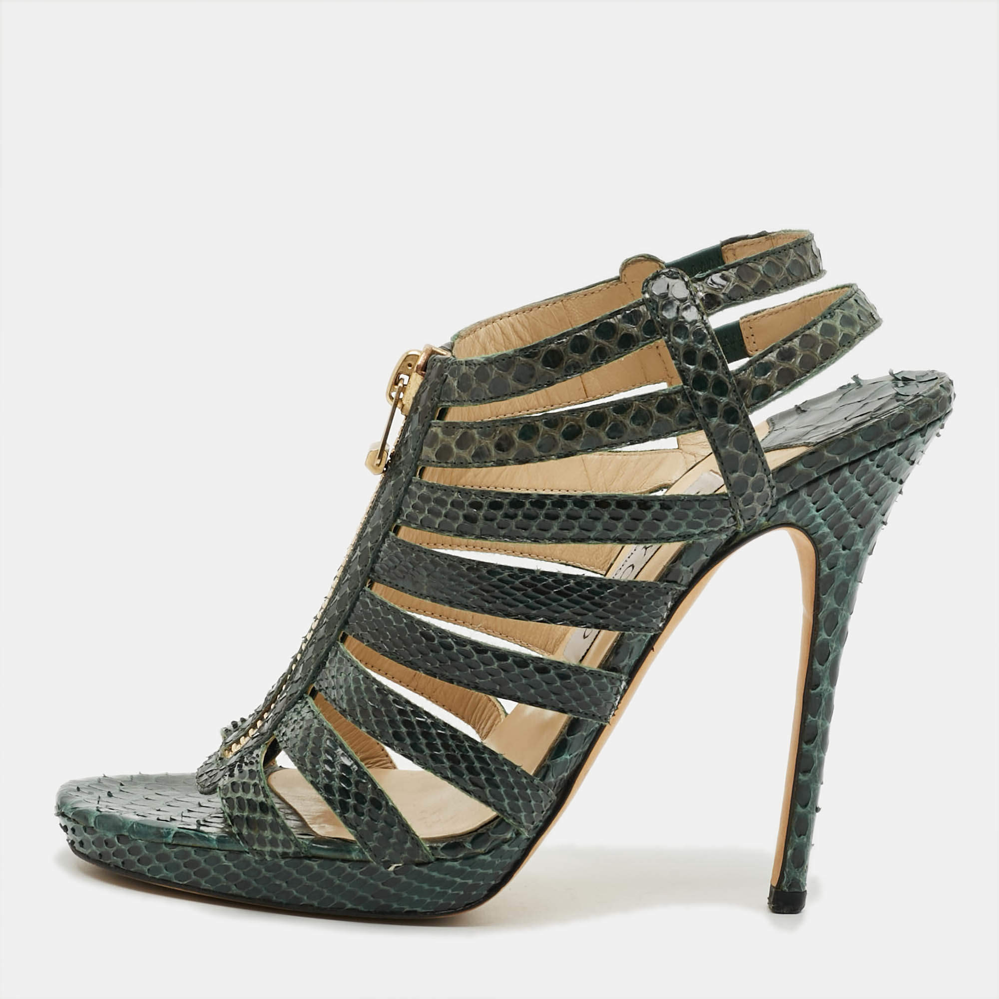 Pre Owned Jimmy Choo Glenys Size Green Snakeskin Leather Gladiator Sandals